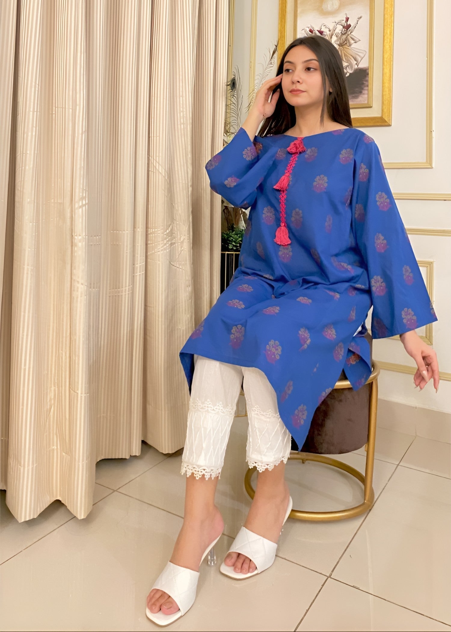 Urban Cut Premium Cotton Yarn Dyed Dobby Kurti Navy Women 1pcs