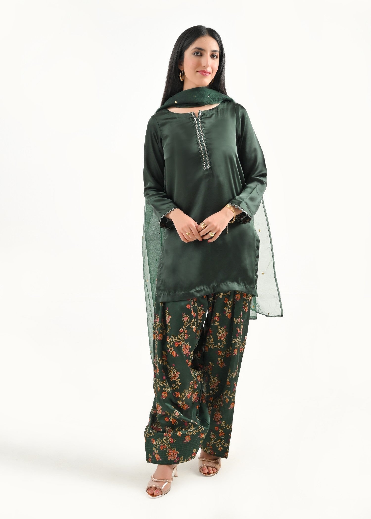 Ray Online Store Green Block Print Mukesh Farshi Set Women 3pcs