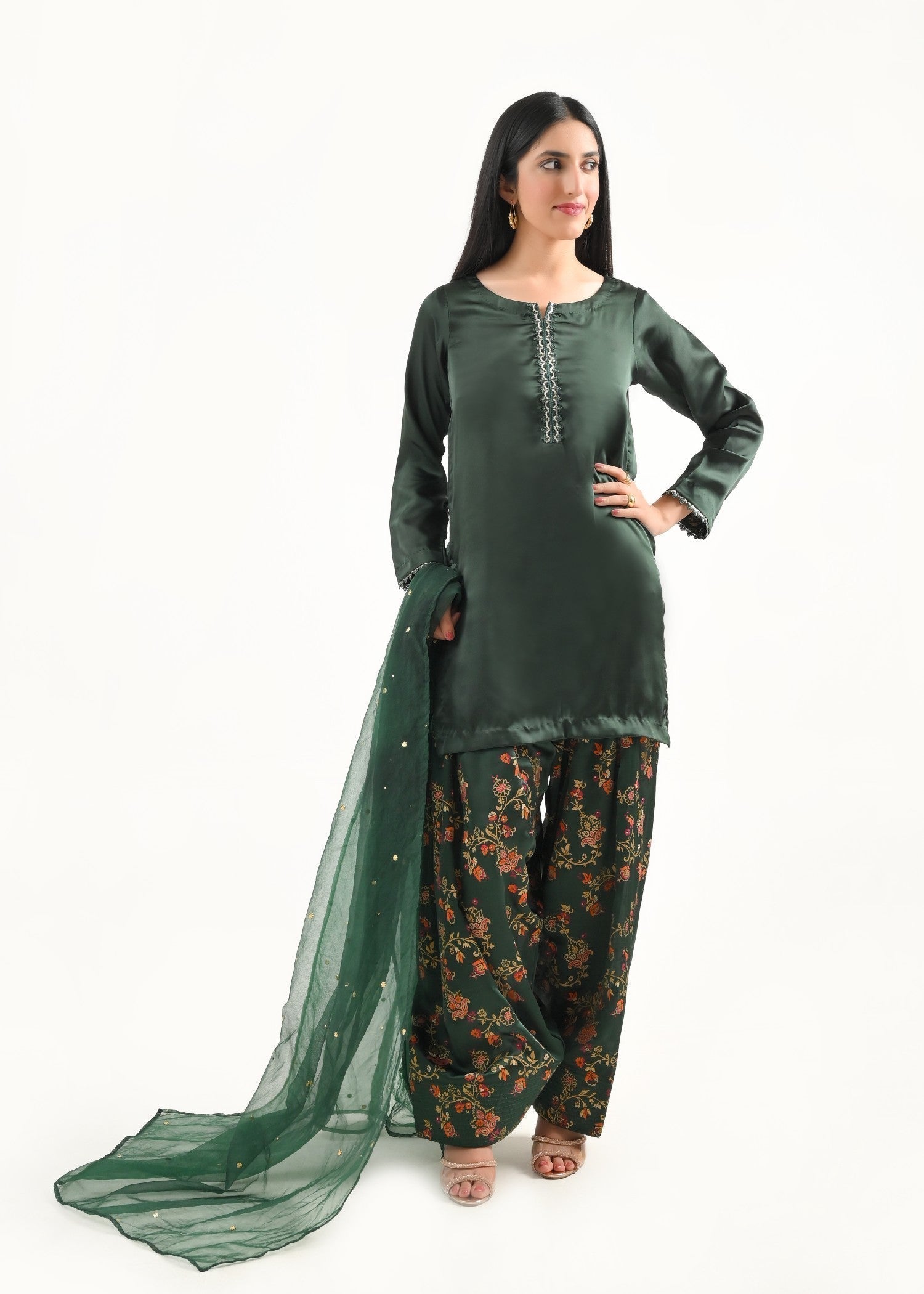 Ray Online Store Green Block Print Mukesh Farshi Set Women 3pcs