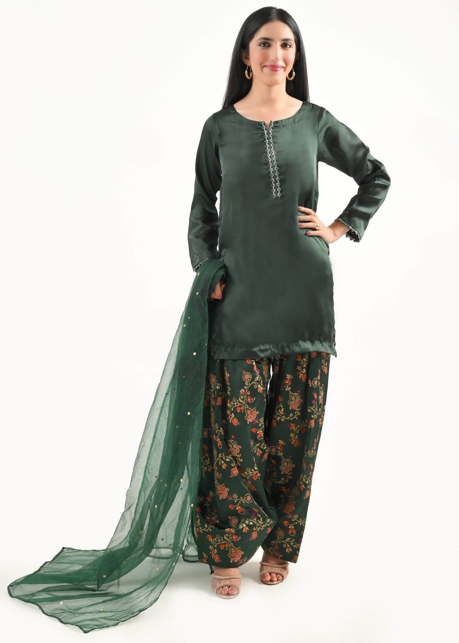 Ray Online Store Green Block Print Mukesh Farshi Set Women 3pcs