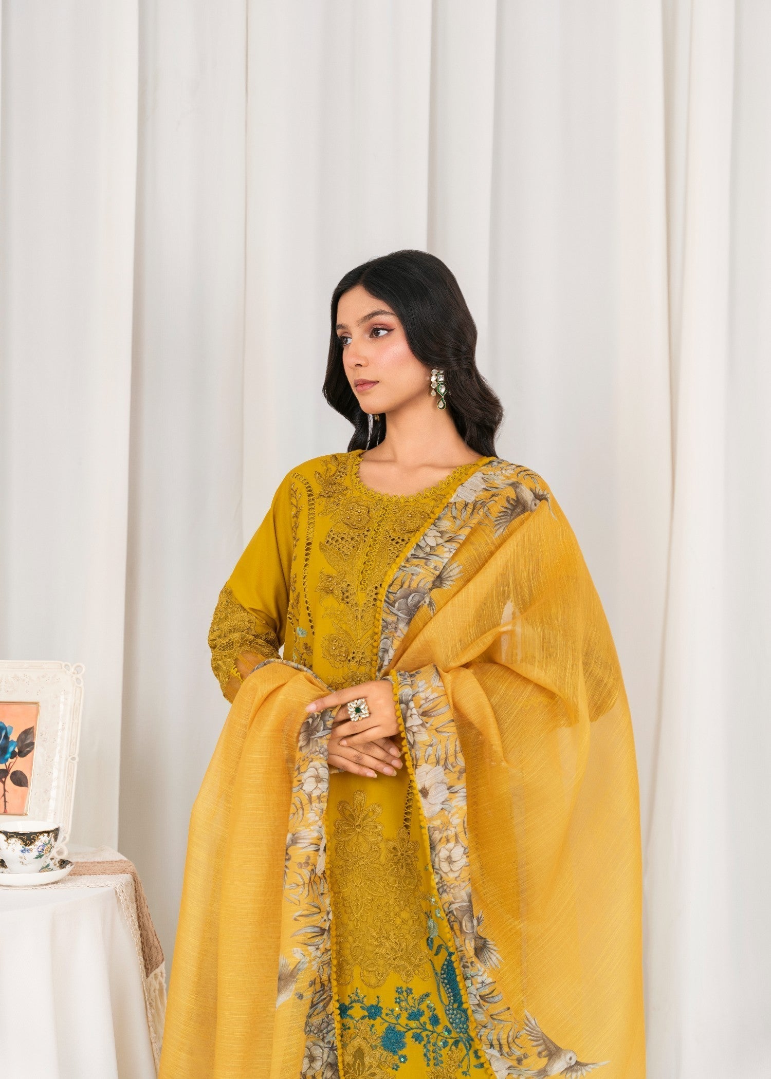 Khubsurat 3804 KH CT Mustard Embroidery Long Shirt Cotton Women 3pcs