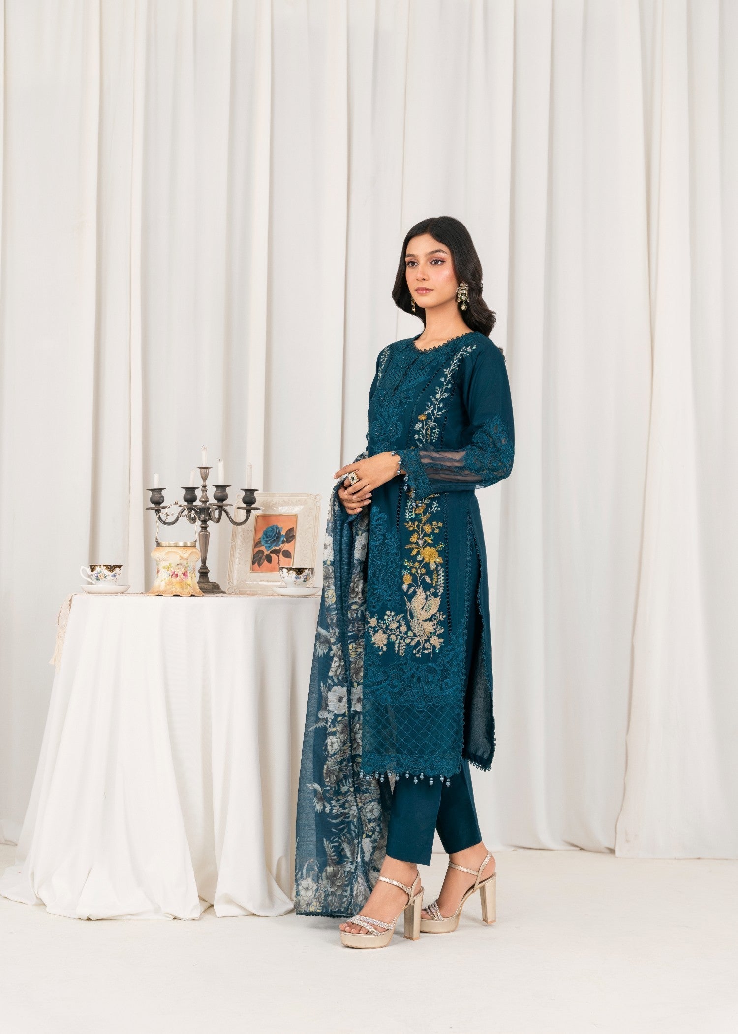 Khubsurat 3804 KH CT Teal Embroidery Long Shirt Cotton Women 3pcs