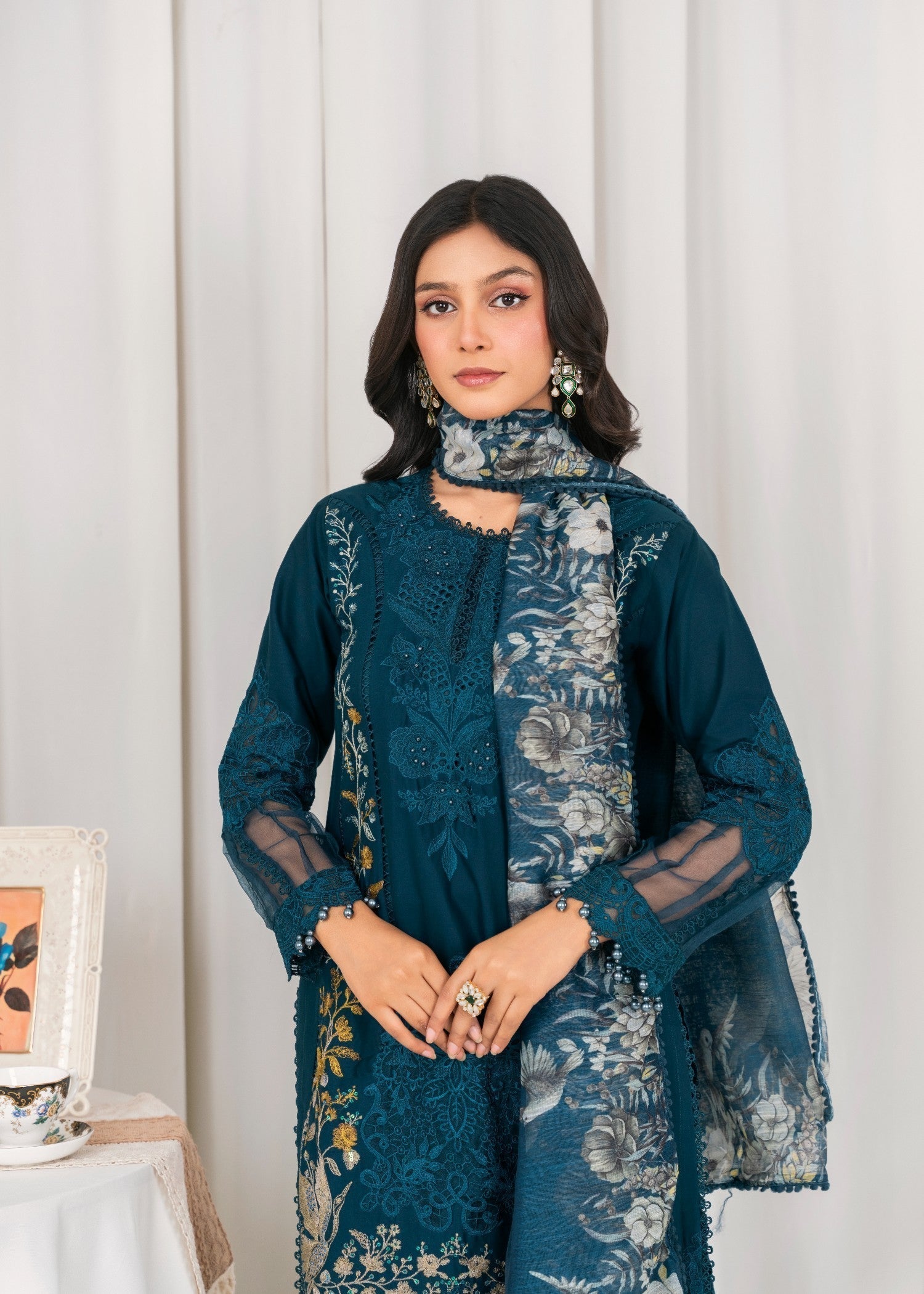 Khubsurat 3804 KH CT Teal Embroidery Long Shirt Cotton Women 3pcs