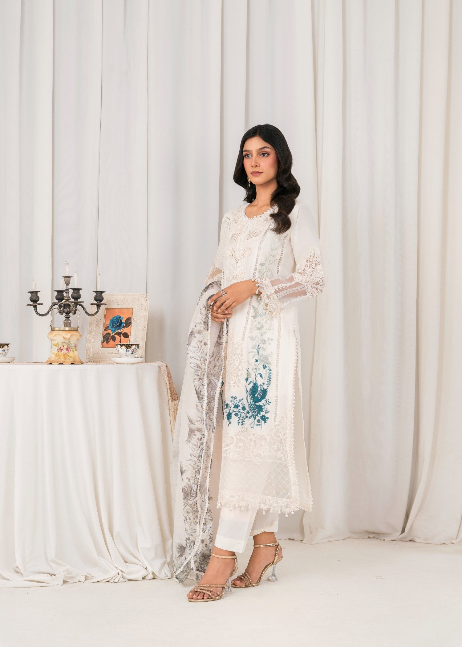 Khubsurat 3804 KH CT Off White Embroidery Long Shirt Cotton Women 3pcs