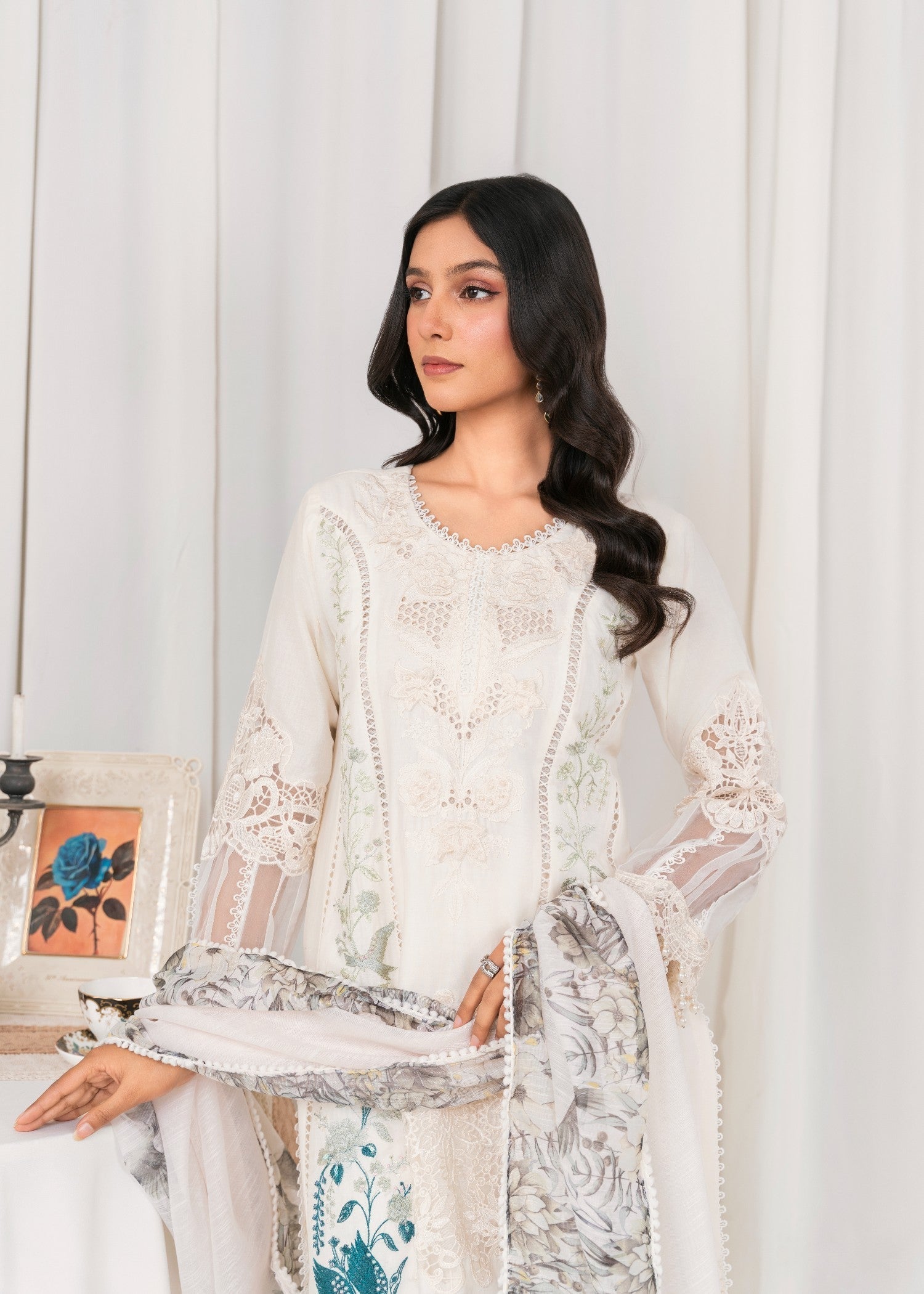 Khubsurat 3804 KH CT Off White Embroidery Long Shirt Cotton Women 3pcs