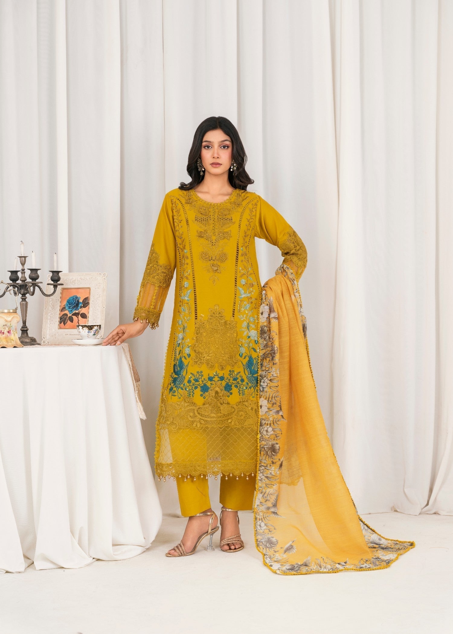 Khubsurat 3804 KH CT Mustard Embroidery Long Shirt Cotton Women 3pcs