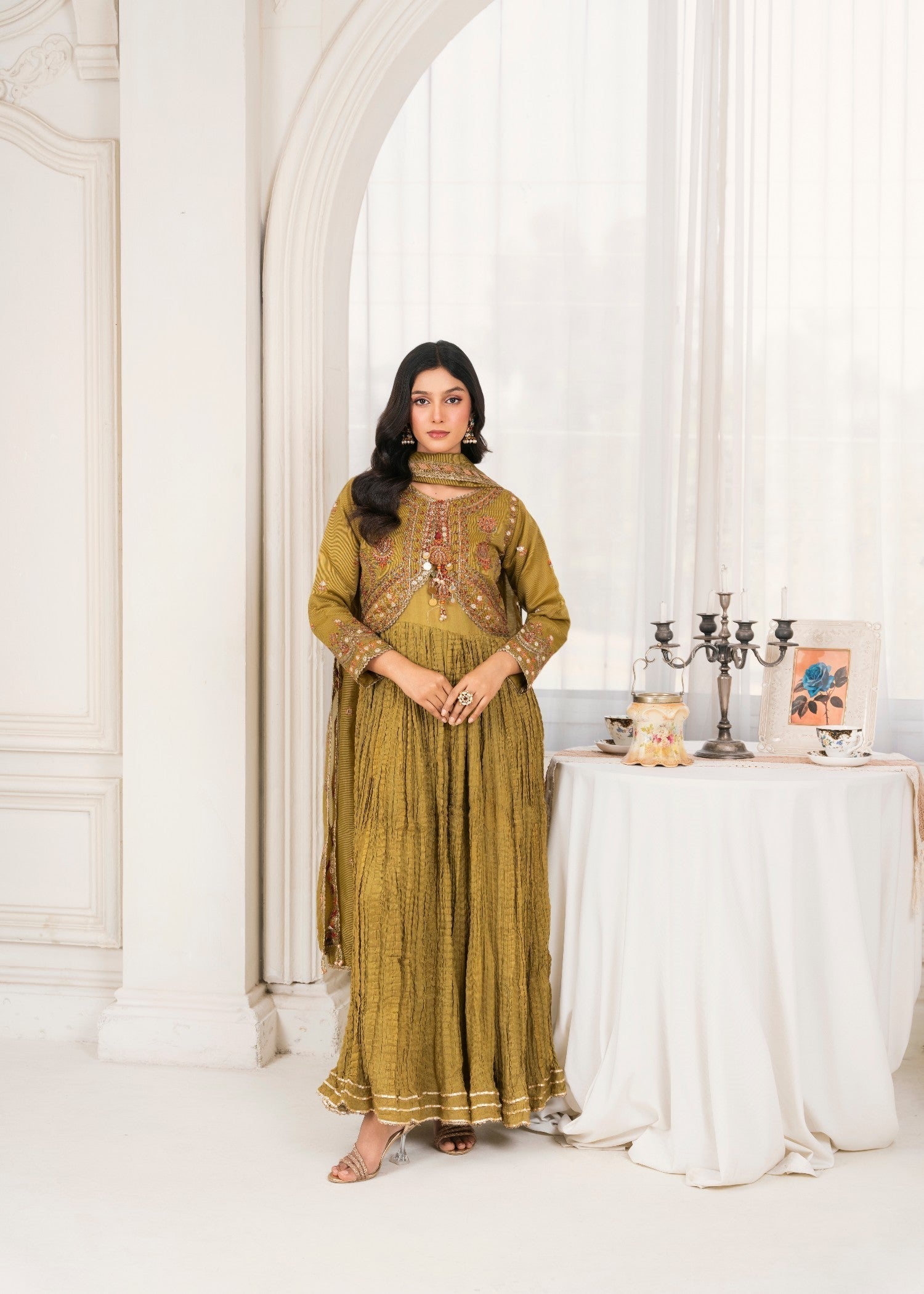 Khubsurat 3985 KH OR NT Mudstard Dew Embroidery Long Jacket Maxi Crush Fabric Women 4pcs