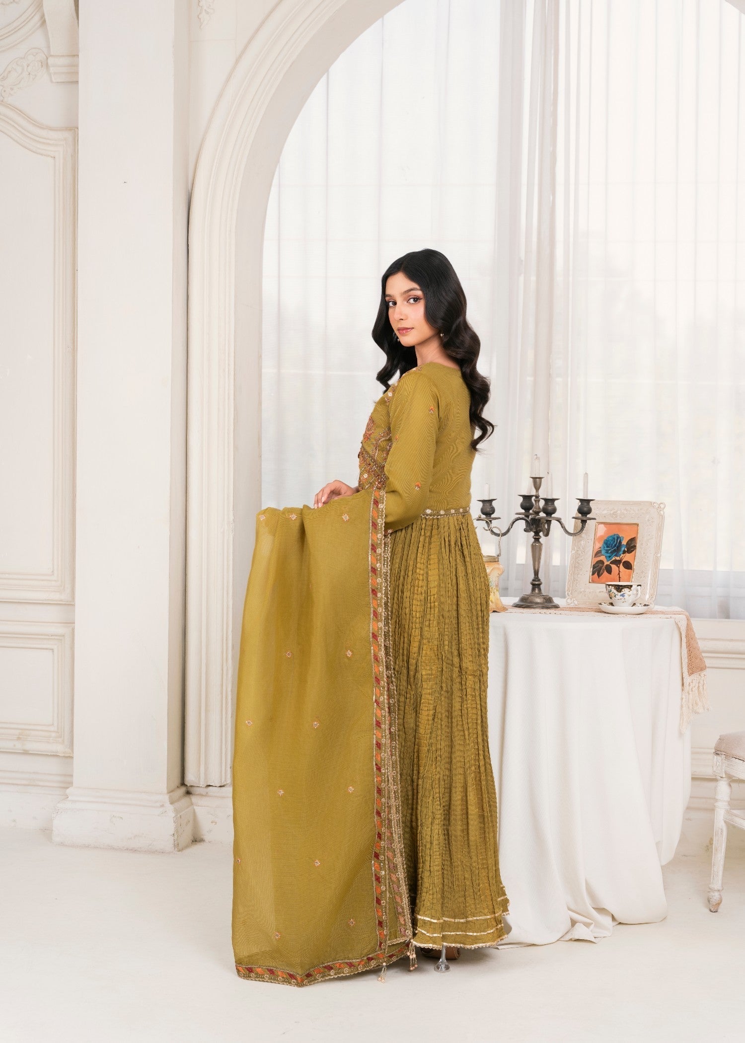 Khubsurat 3985 KH OR NT Mudstard Dew Embroidery Long Jacket Maxi Crush Fabric Women 4pcs