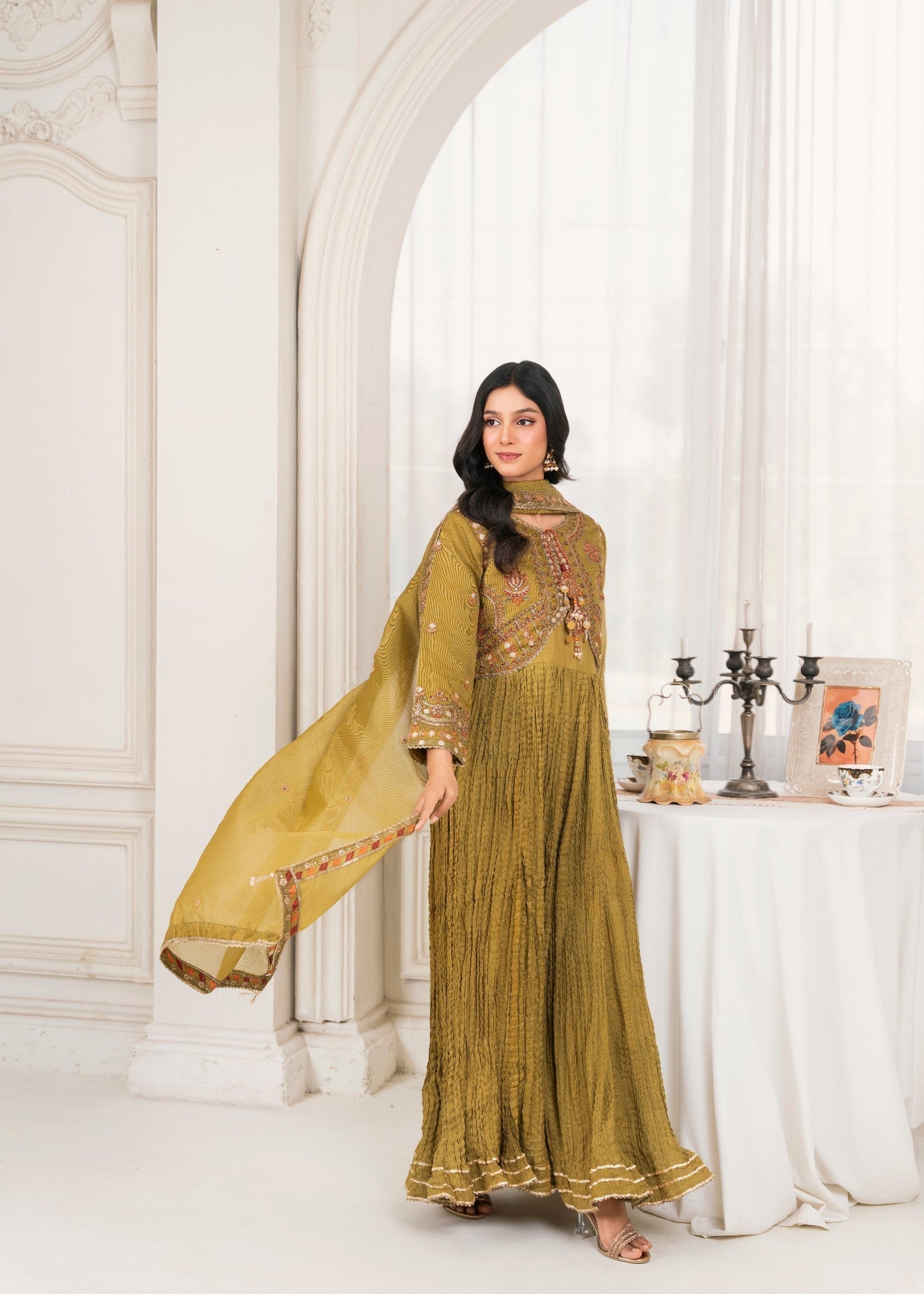 Khubsurat 3985 KH OR NT Mudstard Dew Embroidery Long Jacket Maxi Crush Fabric Women 4pcs