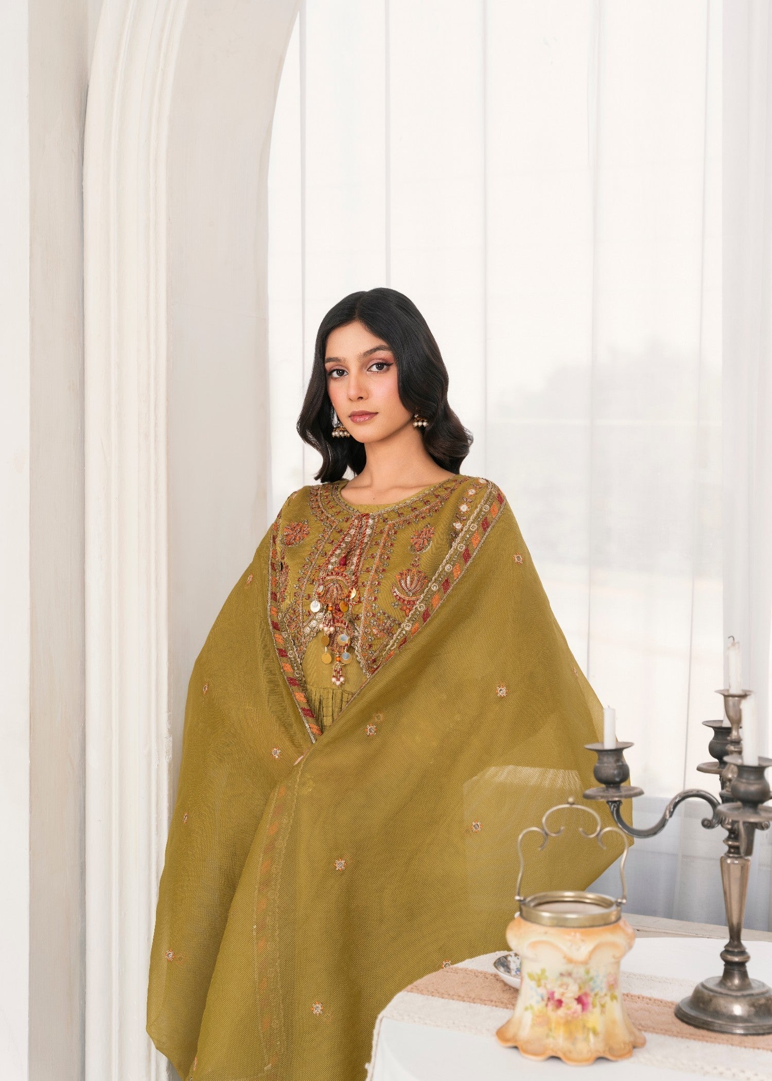 Khubsurat 3985 KH OR NT Mudstard Dew Embroidery Long Jacket Maxi Crush Fabric Women 4pcs