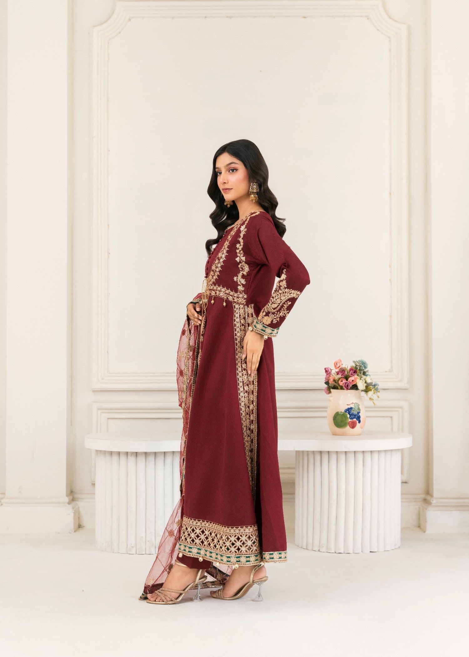 Khubsurat 4008 KH S.KTN Maroon Embroidery Long A line Frock Khadi Net Women 3pcs