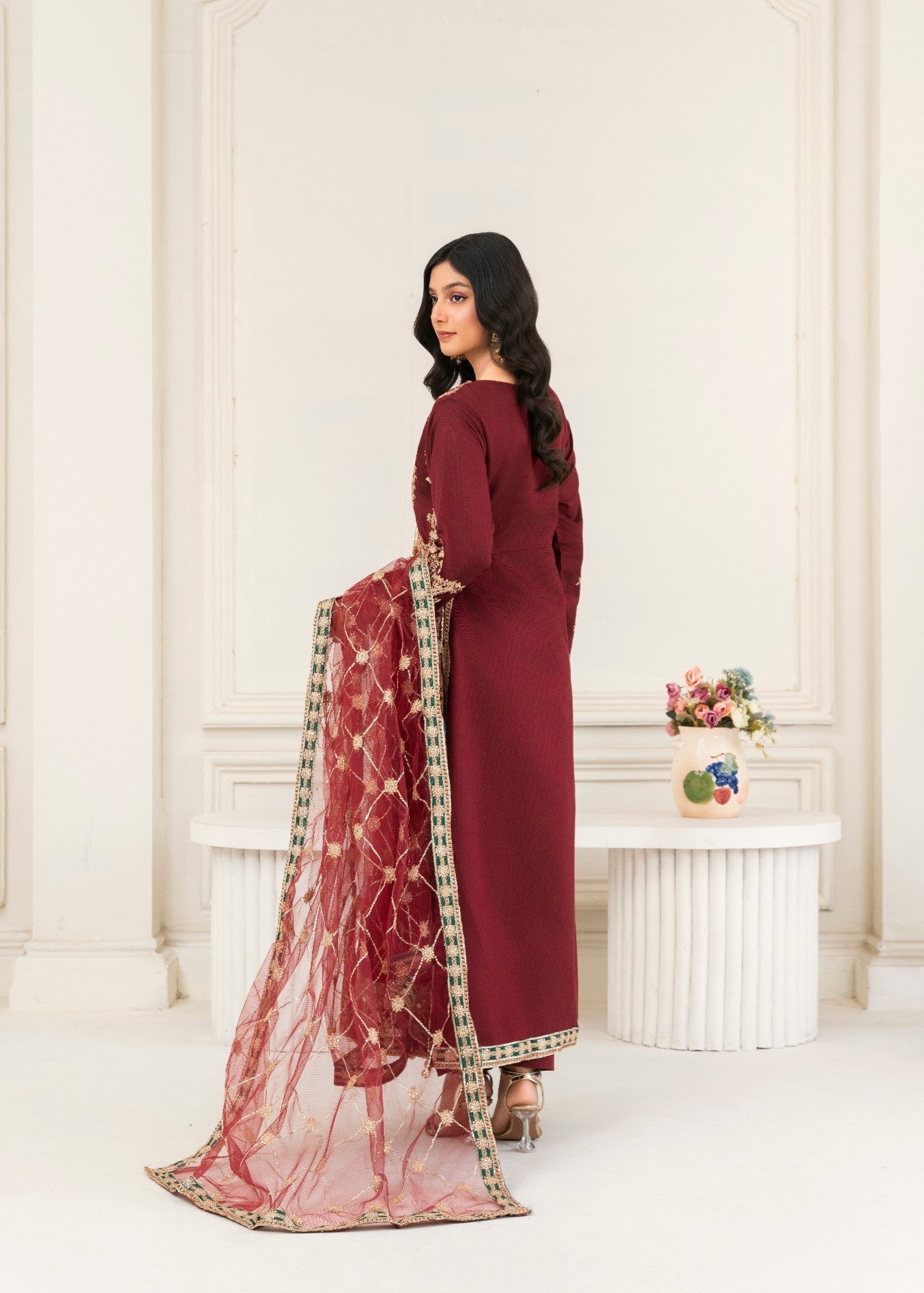 Khubsurat 4008 KH S.KTN Maroon Embroidery Long A line Frock Khadi Net Women 3pcs