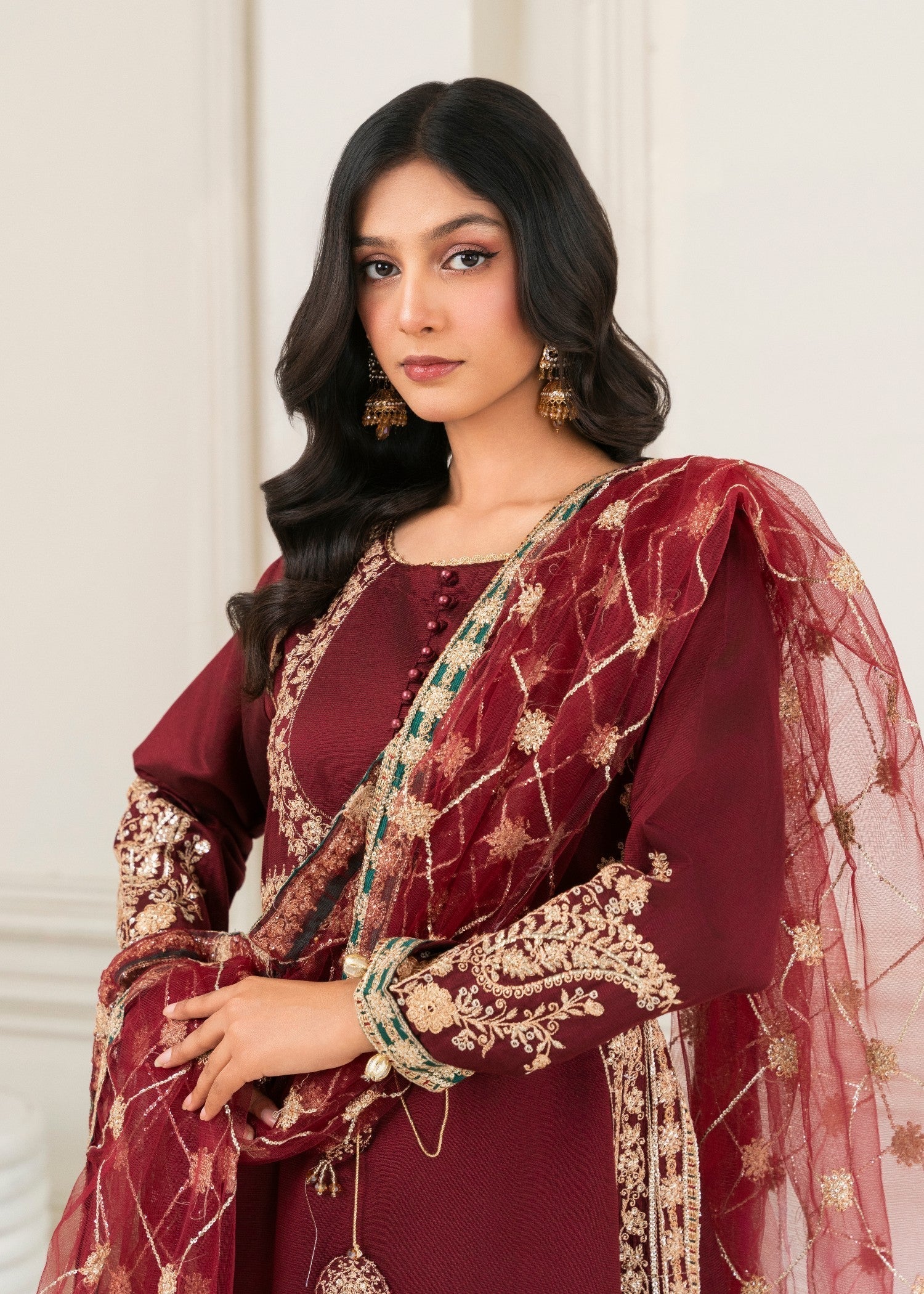 Khubsurat 4008 KH S.KTN Maroon Embroidery Long A line Frock Khadi Net Women 3pcs