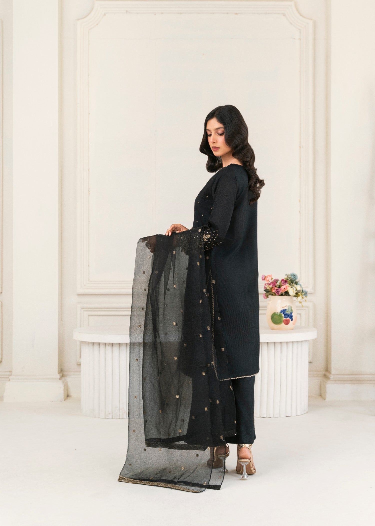 Khubsurat 4089 KH S.KTN Black Embroidery Shirt With Plazoo Khadi Net Women 3pcs