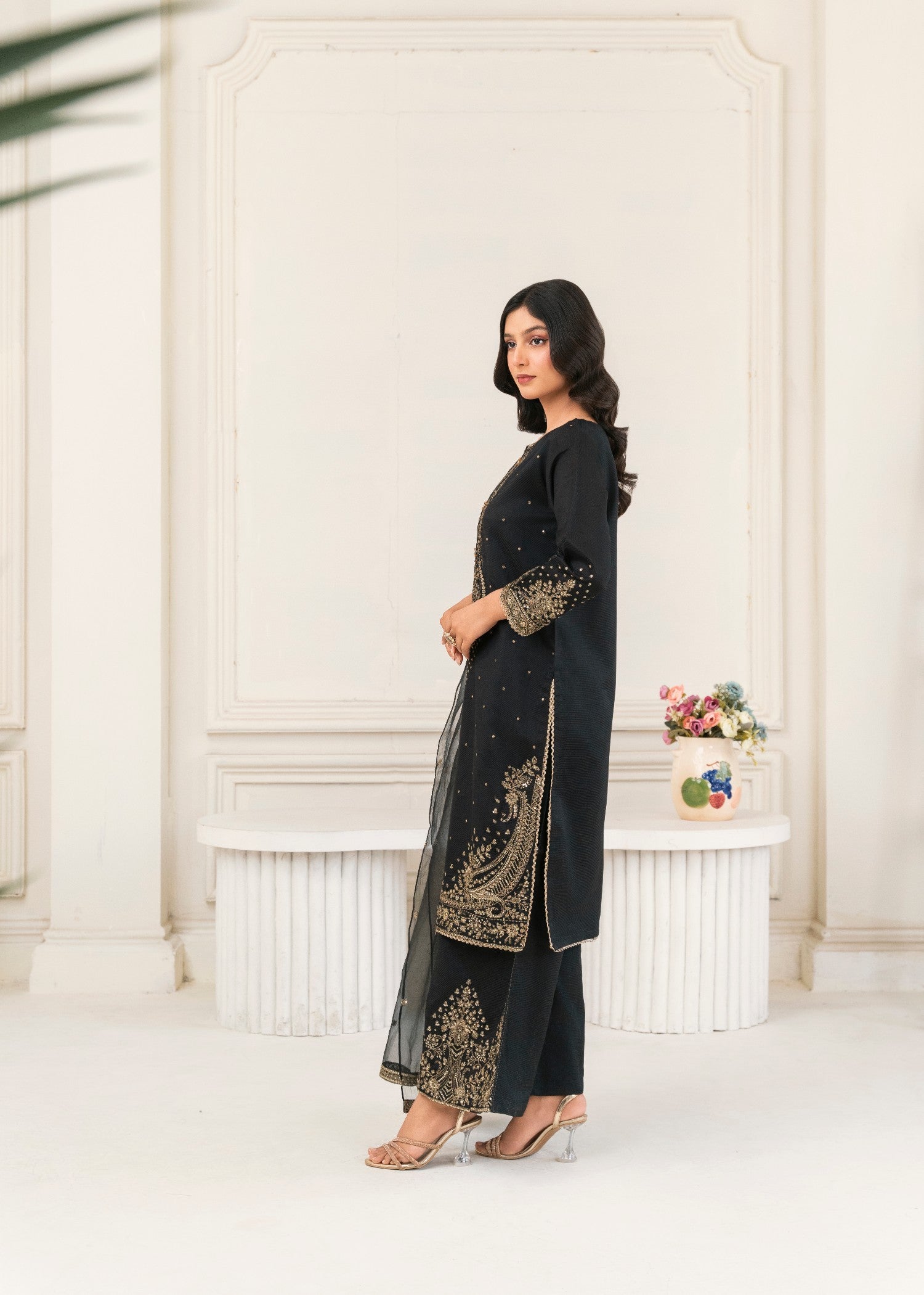 Khubsurat 4089 KH S.KTN Black Embroidery Shirt With Plazoo Khadi Net Women 3pcs