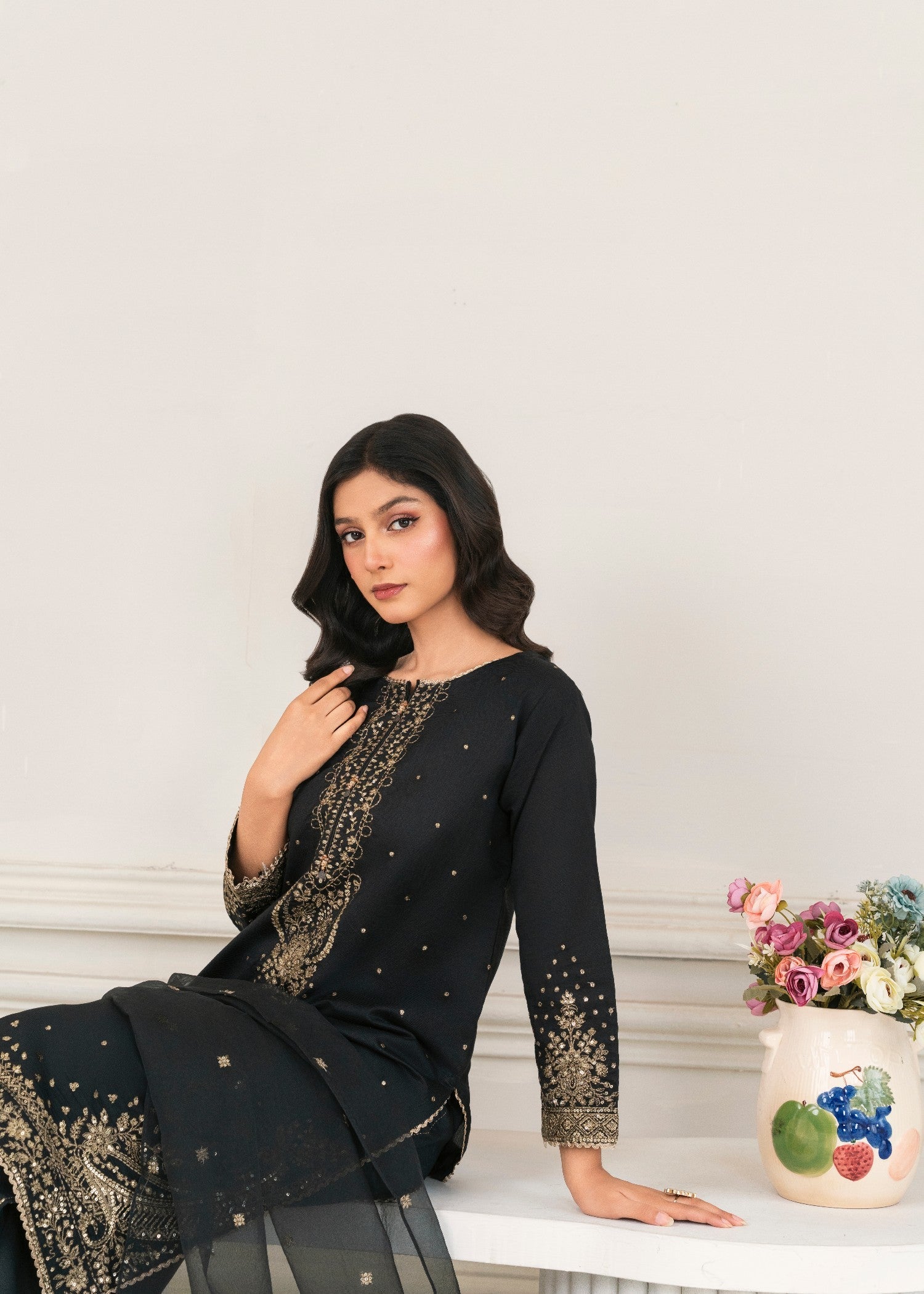 Khubsurat 4089 KH S.KTN Black Embroidery Shirt With Plazoo Khadi Net Women 3pcs