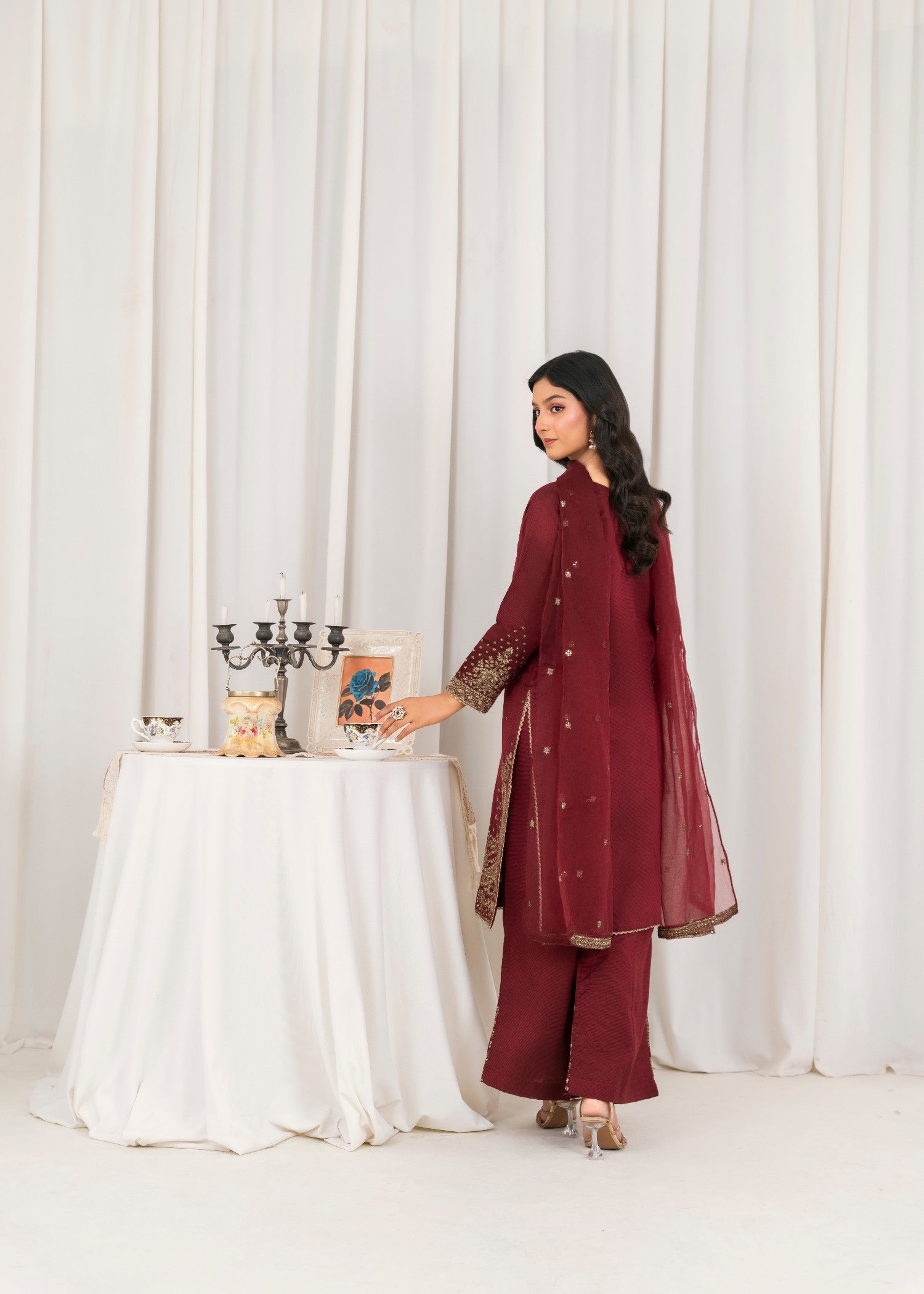 Khubsurat 4089 KH S.KTN Maroon Embroidery Shirt With Plazoo Khadi Net Women 3pcs