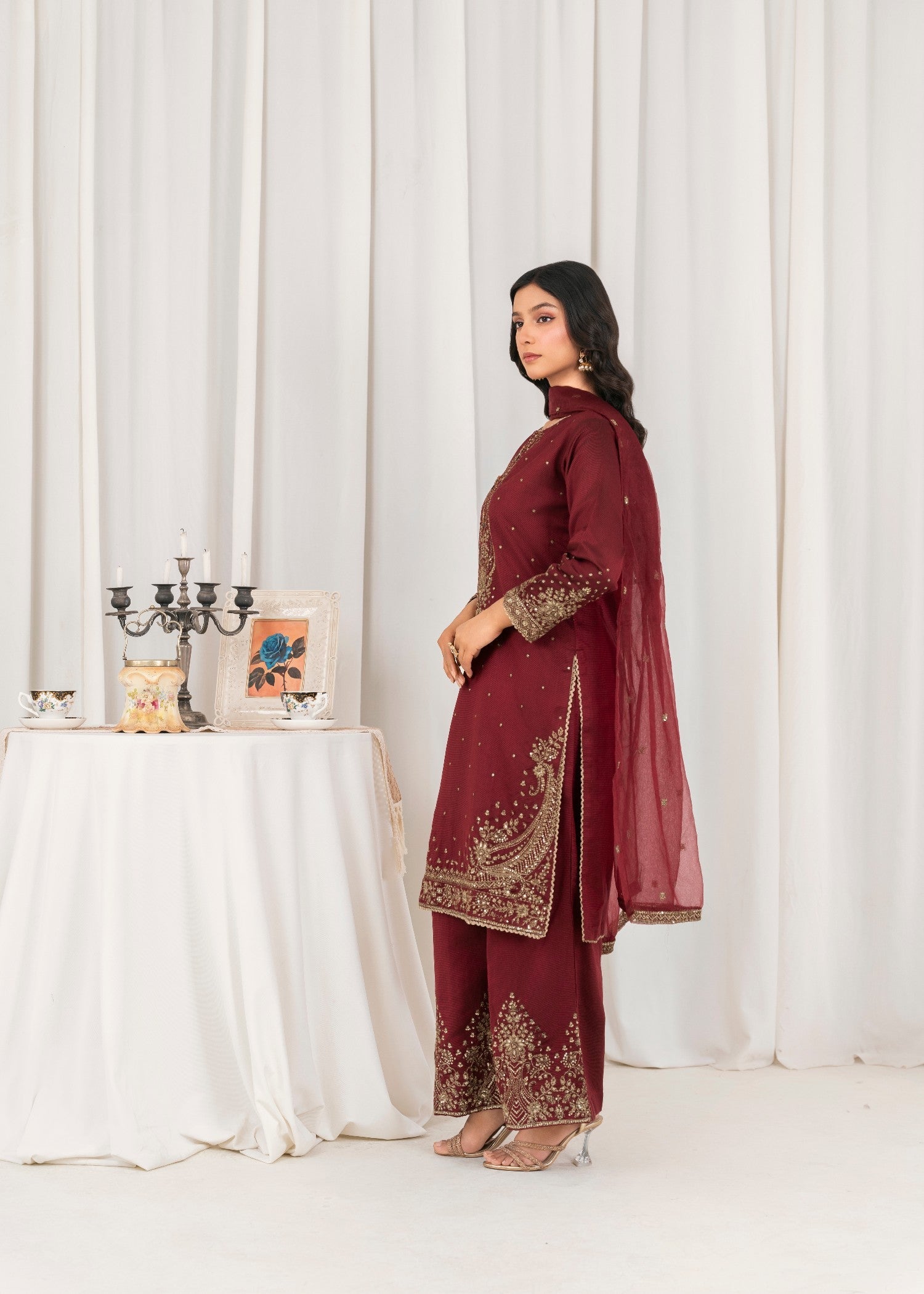 Khubsurat 4089 KH S.KTN Maroon Embroidery Shirt With Plazoo Khadi Net Women 3pcs