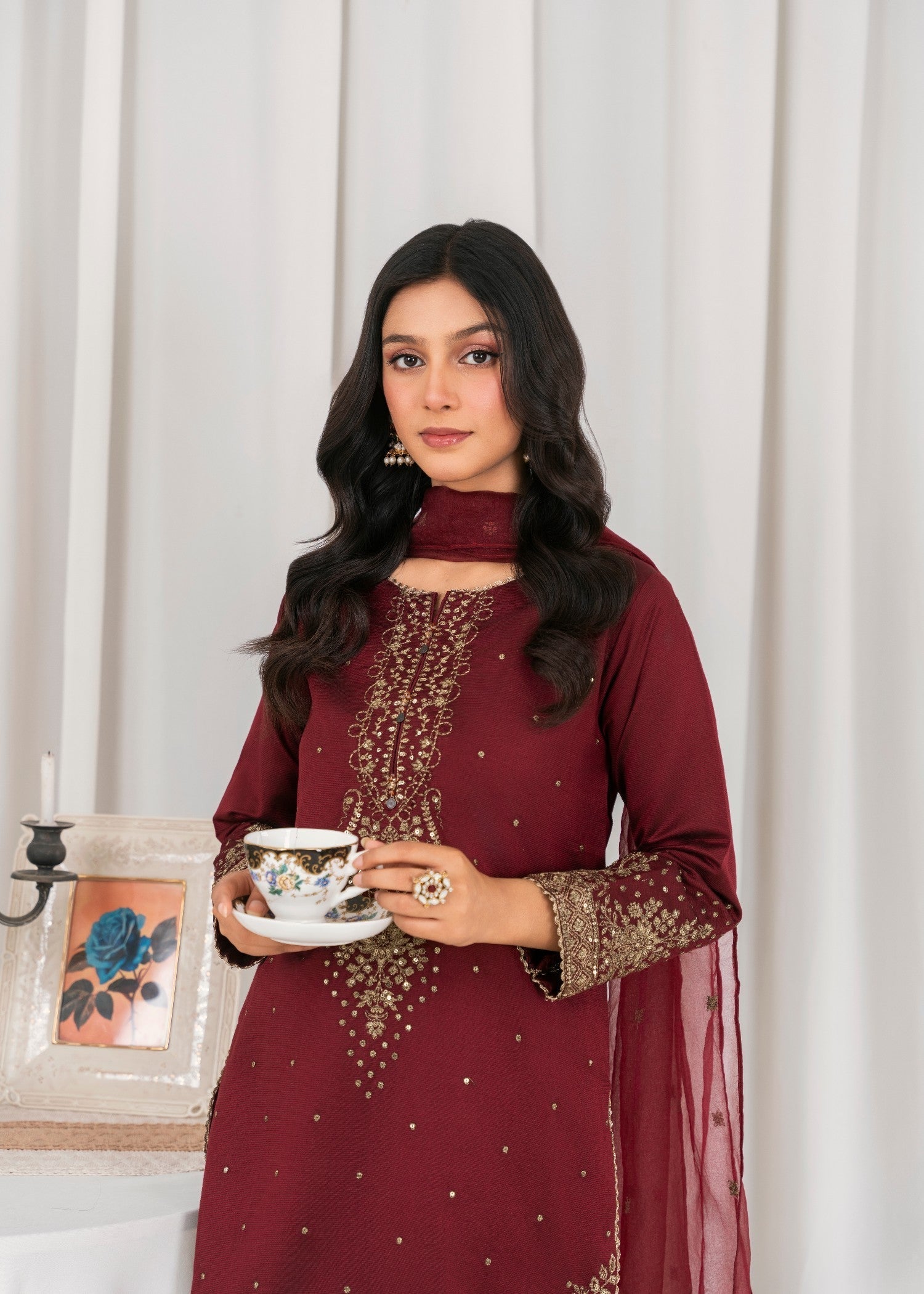 Khubsurat 4089 KH S.KTN Maroon Embroidery Shirt With Plazoo Khadi Net Women 3pcs