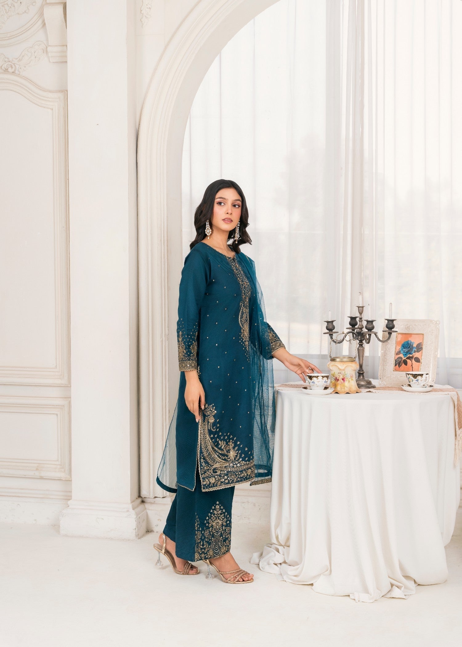 Khubsurat 4089 KH S.KTN Teal Embroidery Shirt With Plazoo Khadi Net Women 3pcs