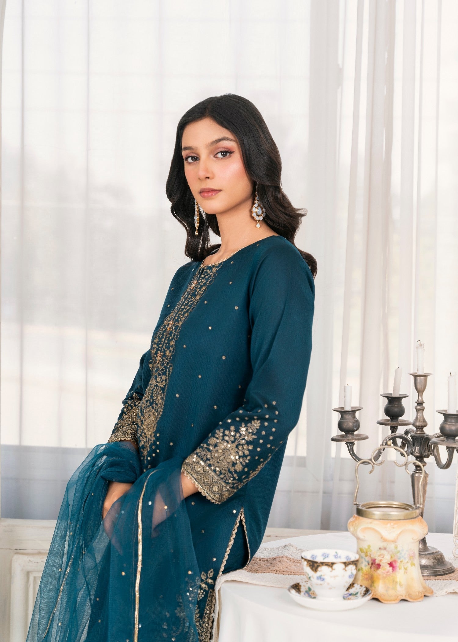 Khubsurat 4089 KH S.KTN Teal Embroidery Shirt With Plazoo Khadi Net Women 3pcs