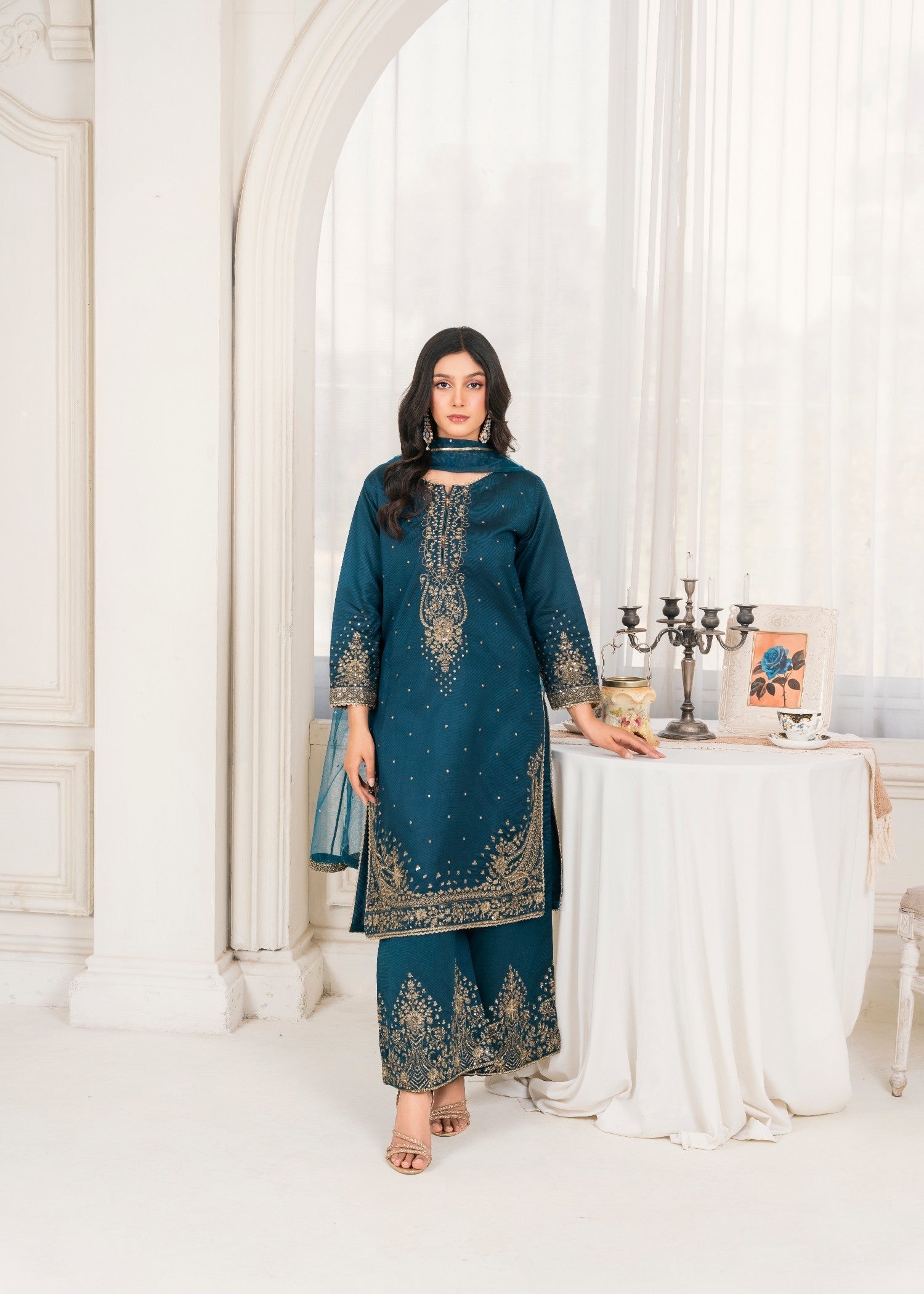 Khubsurat 4089 KH S.KTN Teal Embroidery Shirt With Plazoo Khadi Net Women 3pcs