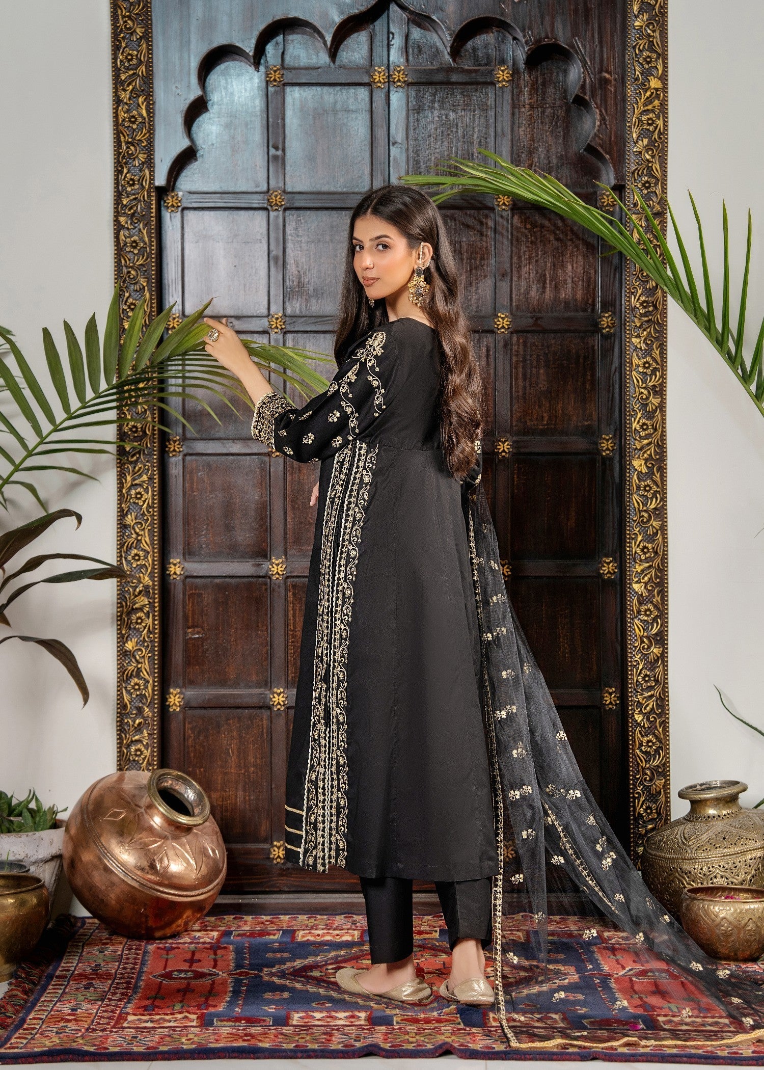 Khubsurat 4144 KH CT Black Embroidery Long A Line Frock Cotton Women 3pcs