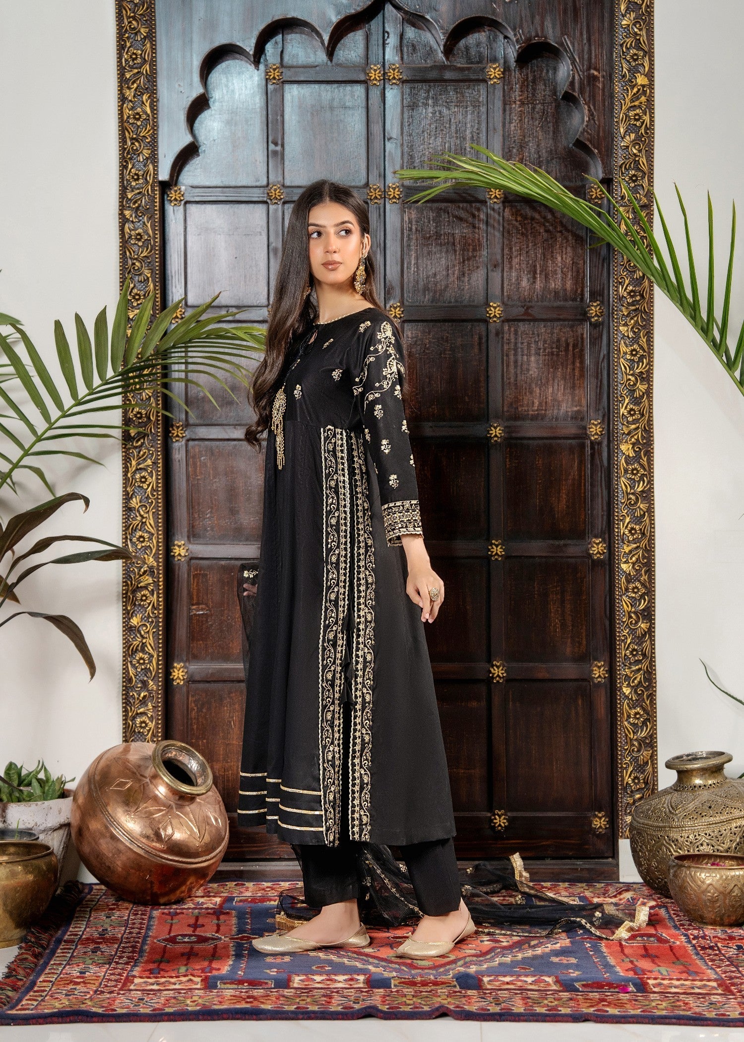 Khubsurat 4144 KH CT Black Embroidery Long A Line Frock Cotton Women 3pcs