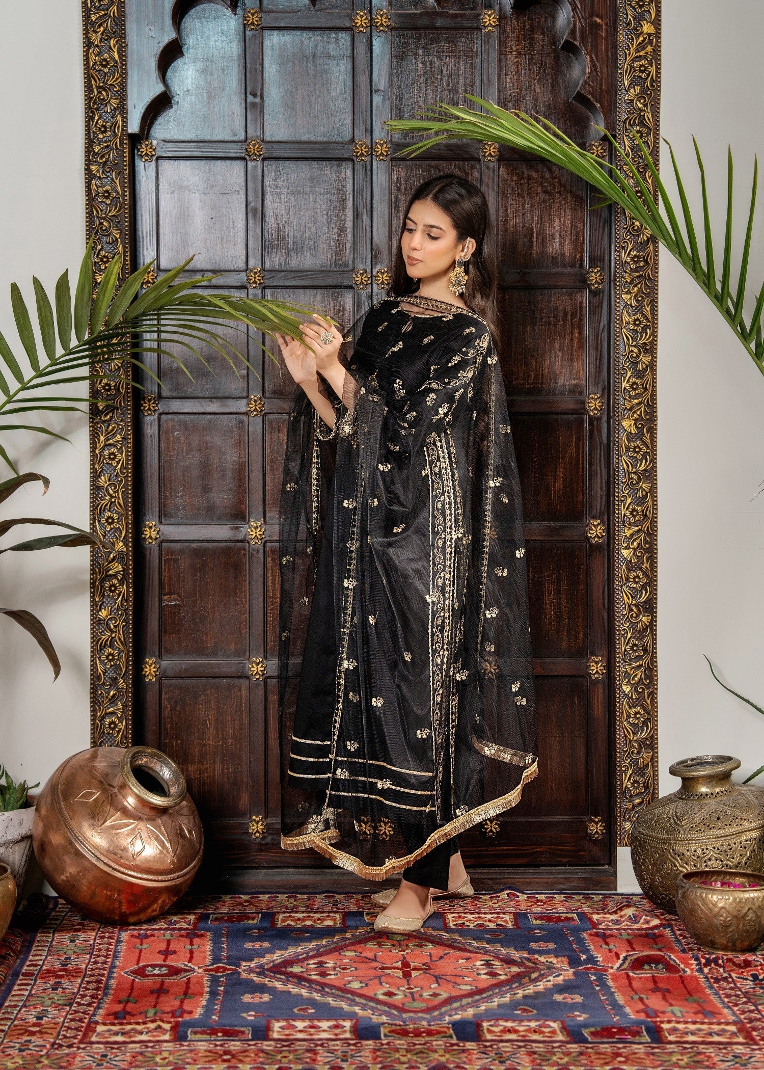 Khubsurat 4144 KH CT Black Embroidery Long A Line Frock Cotton Women 3pcs