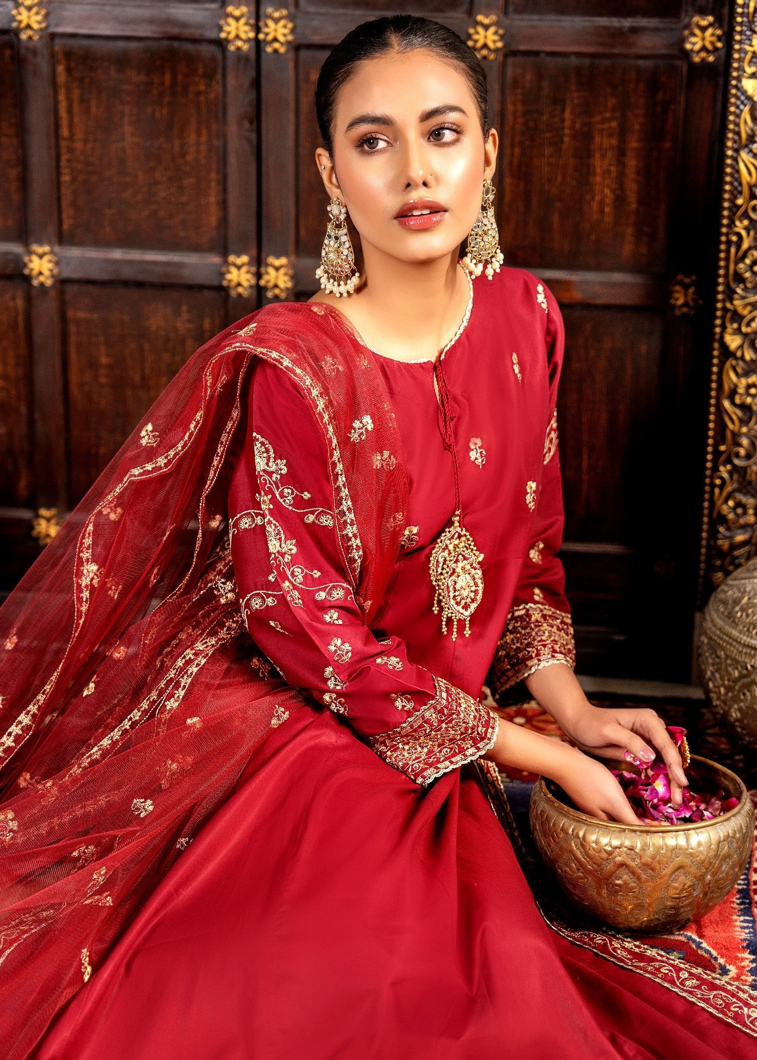 Khubsurat 4144 KH CT Redish Maroon Embroidery Long A Line Frock Cotton Women 3pcs