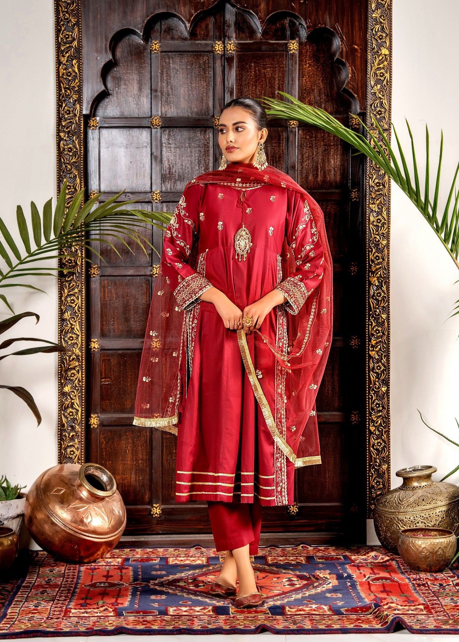 Khubsurat 4144 KH CT Redish Maroon Embroidery Long A Line Frock Cotton Women 3pcs