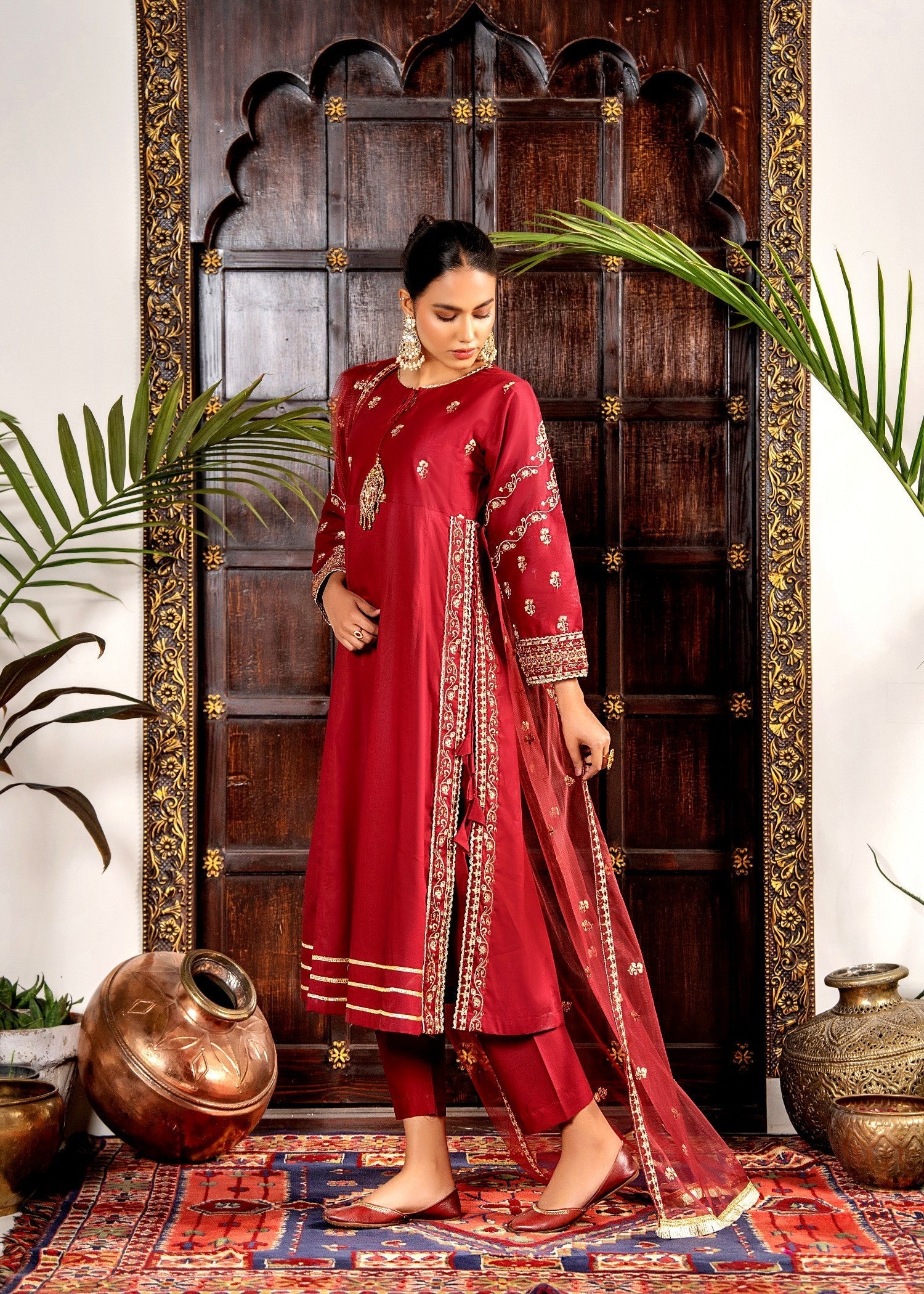 Khubsurat 4144 KH CT Redish Maroon Embroidery Long A Line Frock Cotton Women 3pcs