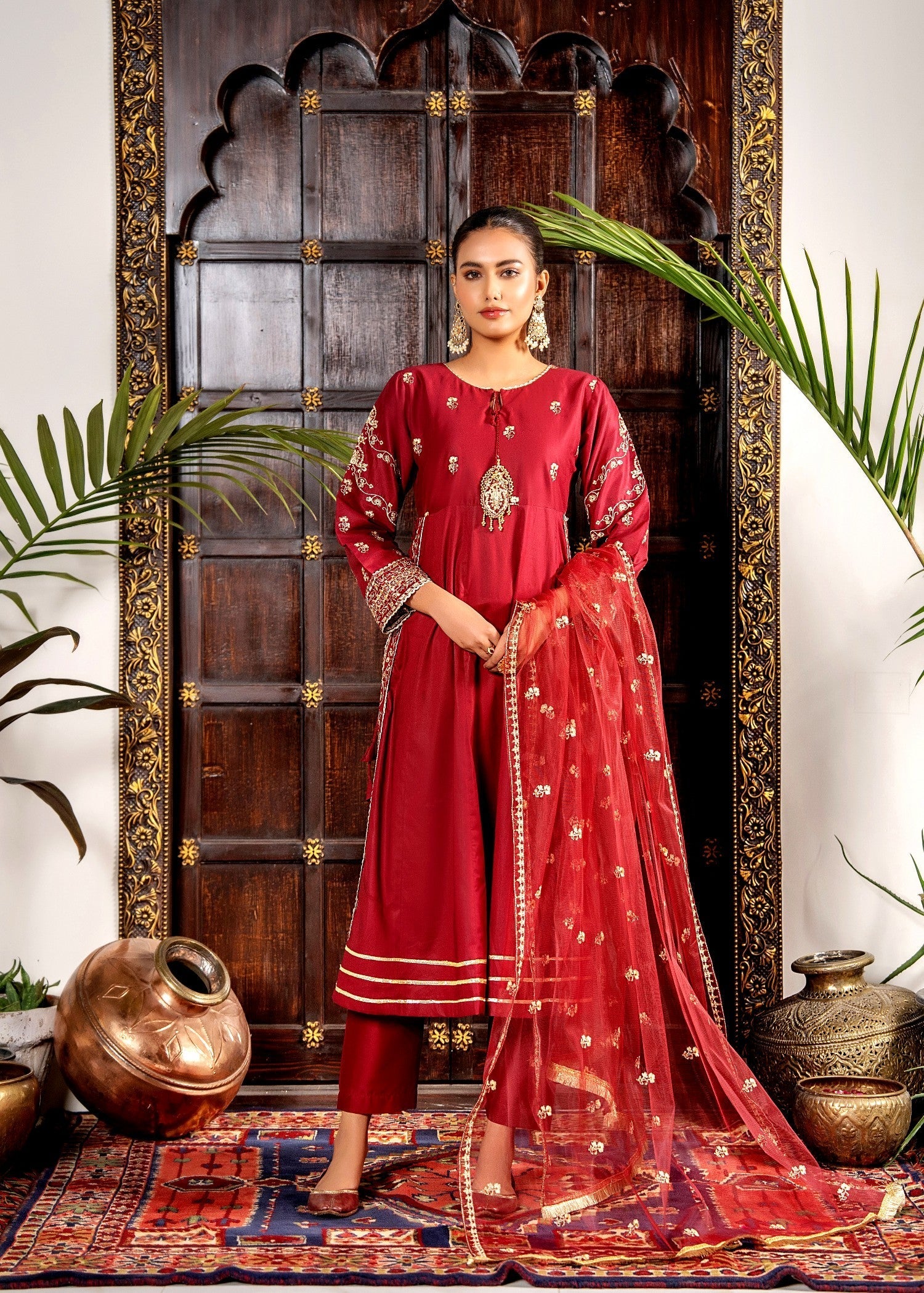 Khubsurat 4144 KH CT Redish Maroon Embroidery Long A Line Frock Cotton Women 3pcs