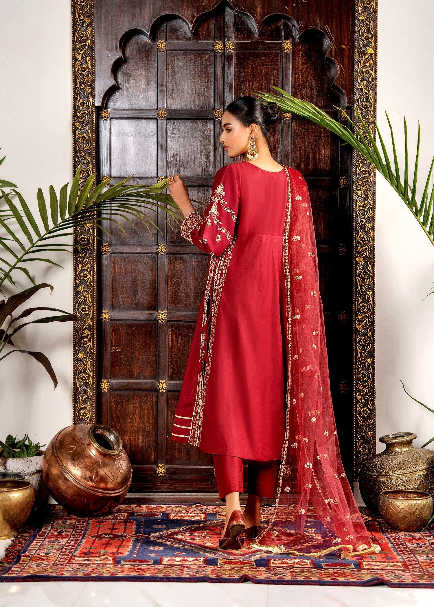 Khubsurat 4144 KH CT Redish Maroon Embroidery Long A Line Frock Cotton Women 3pcs