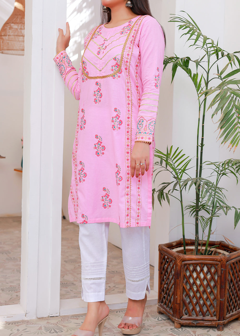 Green Block print Kurti Stitched Pink Women 1pcs