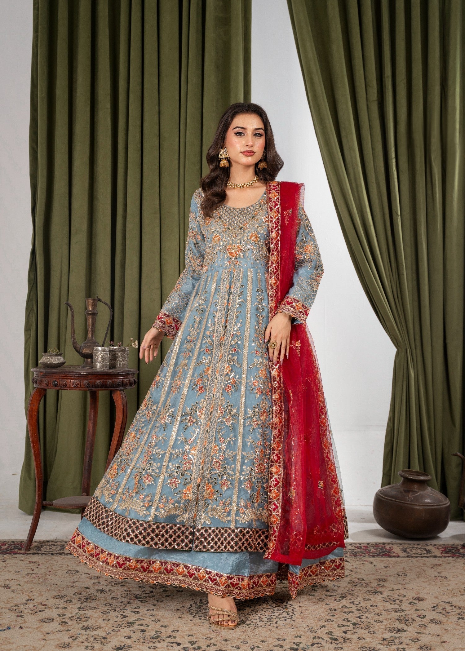 Hkb Officials Arzu Ice Blue & Maroon Maxi Women 3pcs