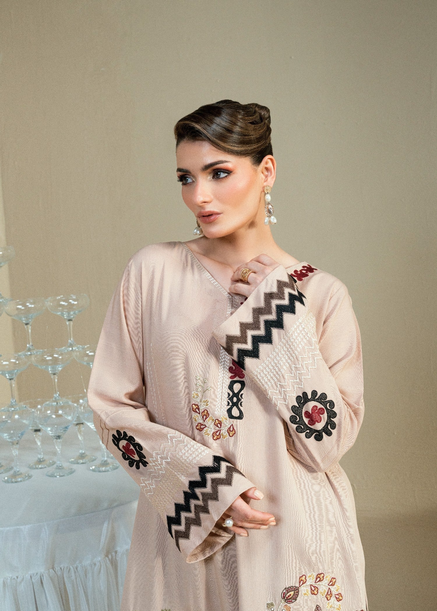 Kaanthaa KPES01 BEIGE CROSSHATCH COTTON VISCOSE STITCHED Women 2pcs