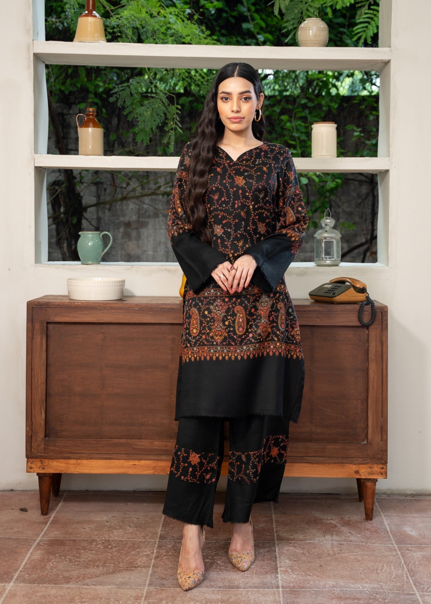 Naaz Couture Pashmina Wool Embroidered Coord Set Black Women 2pcs