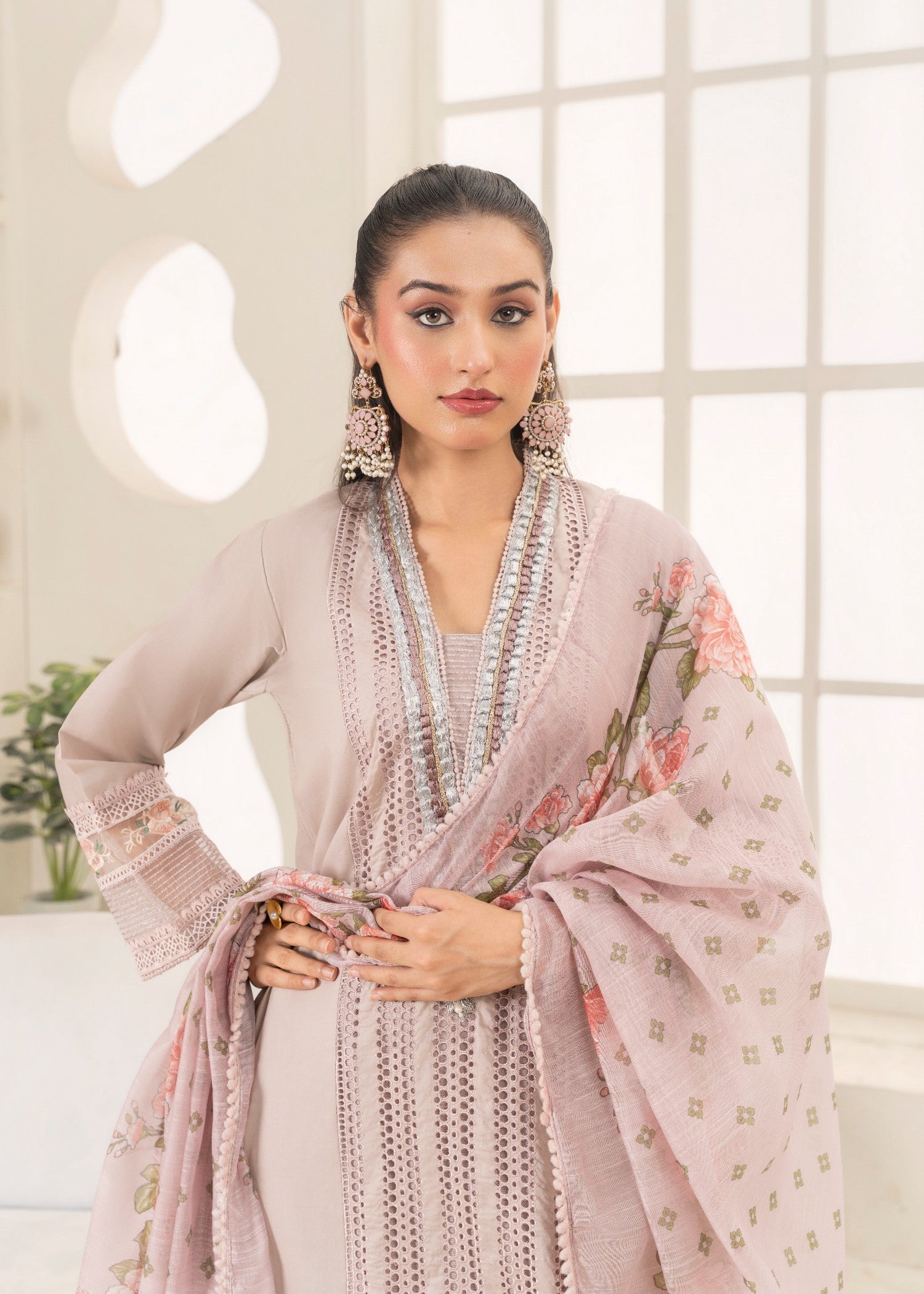Khubsurat 3558 KH CT Lilac Embroidery Long Shirt Cotton Women 3pcs
