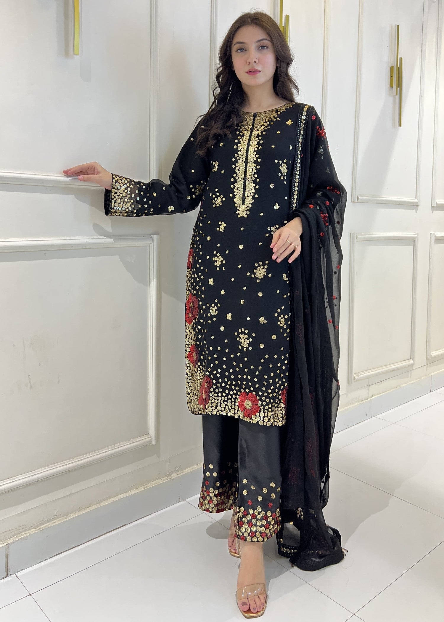 Shrenz Pret Shrenz Black Sequence Pret Chiffon Women 3pcs