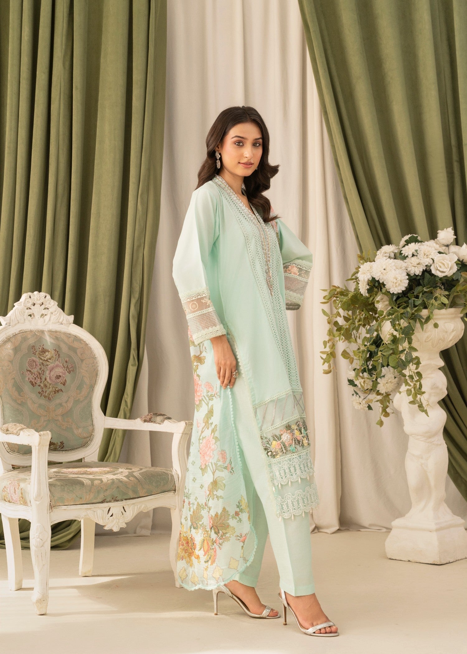 Khubsurat 3558 KH CT Ice Blue Embroidery Long Shirt Cotton Women 3pcs