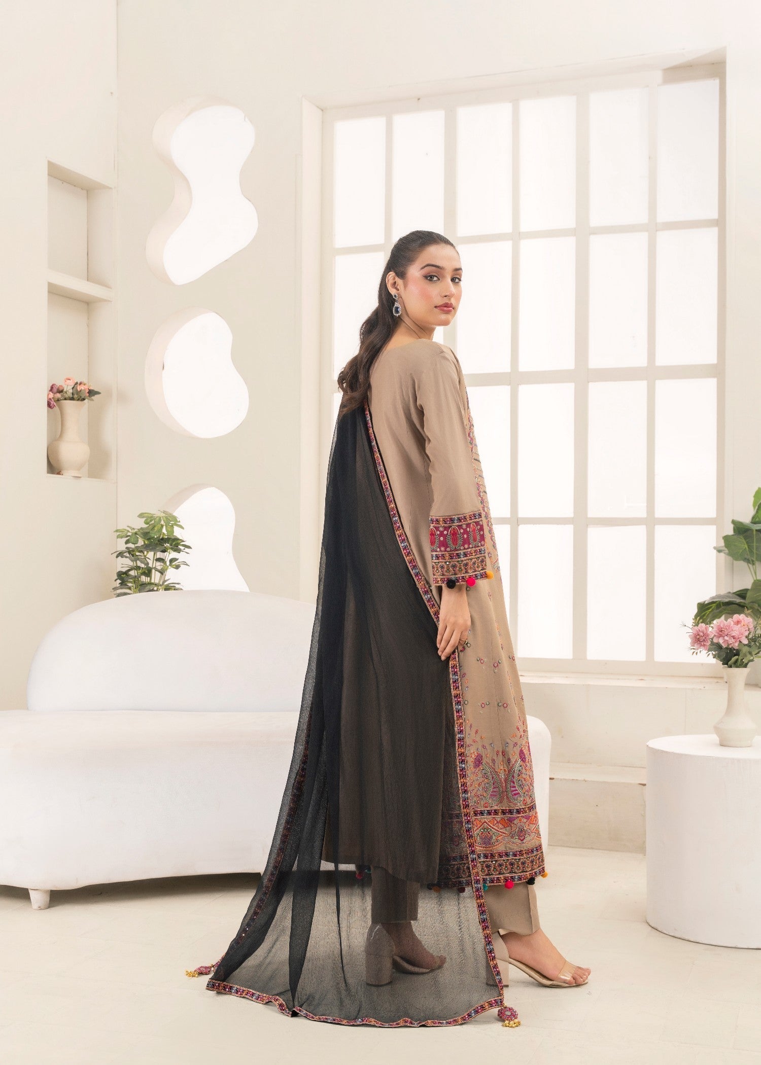 Khubsurat 4090 KH CT Almon Brown Embroidery Pishwas Cotton Women 3pcs