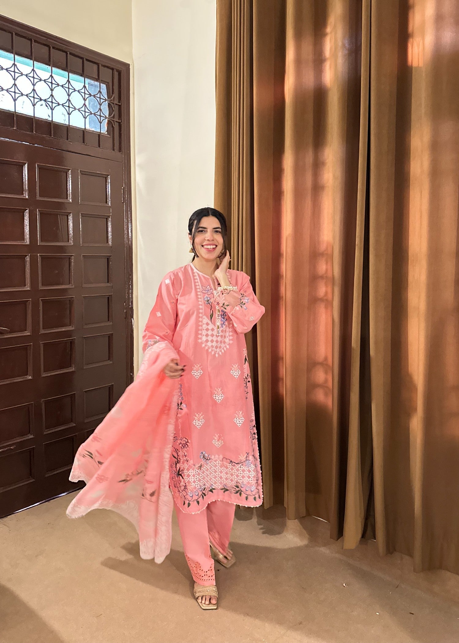 Attirepret Soft Pink Cotton Embroidered Women 3pcs