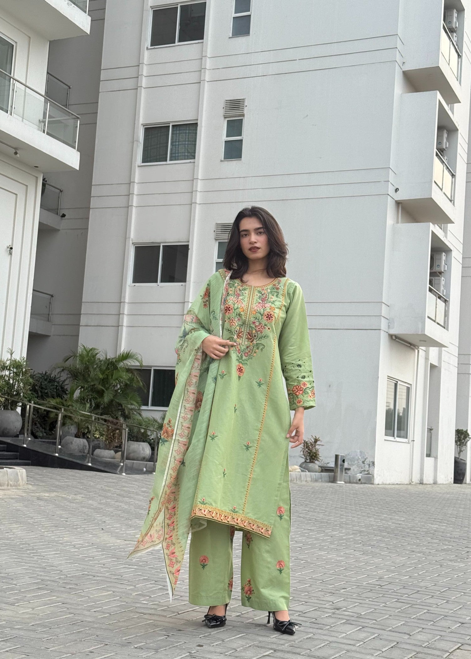 Attirepret Fresh Pistachio Bloom: Embroidered Cotton Suit Women 3pcs