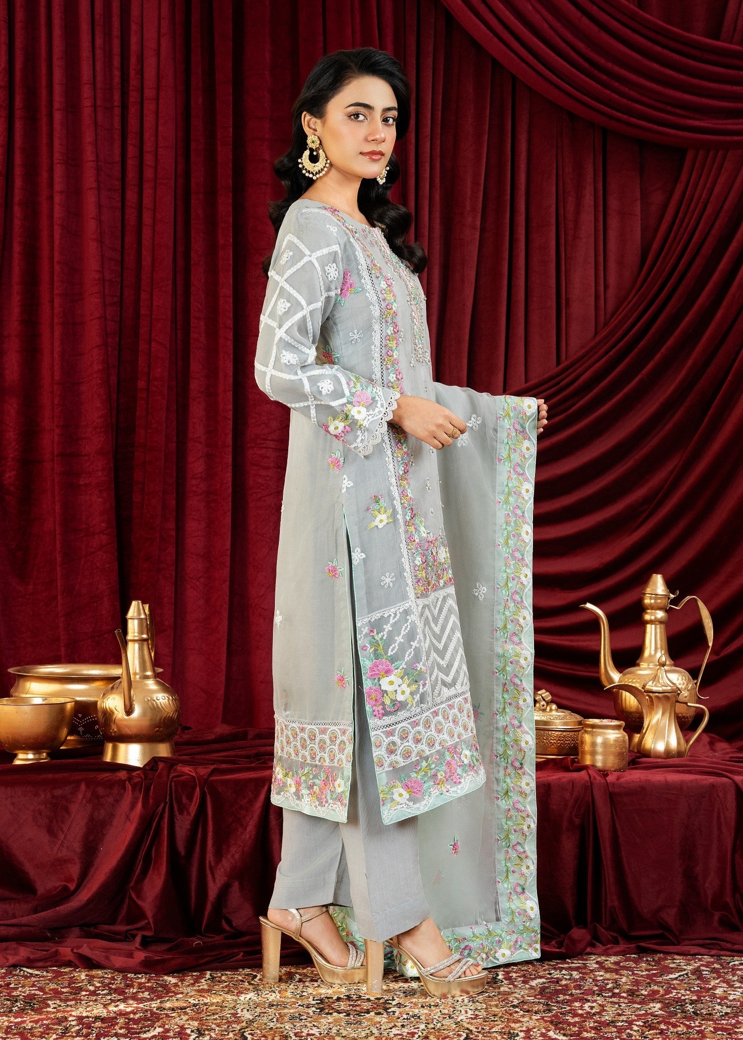 Waniya Awais WAS 177 Steel Grey Stitched Women 3pcs