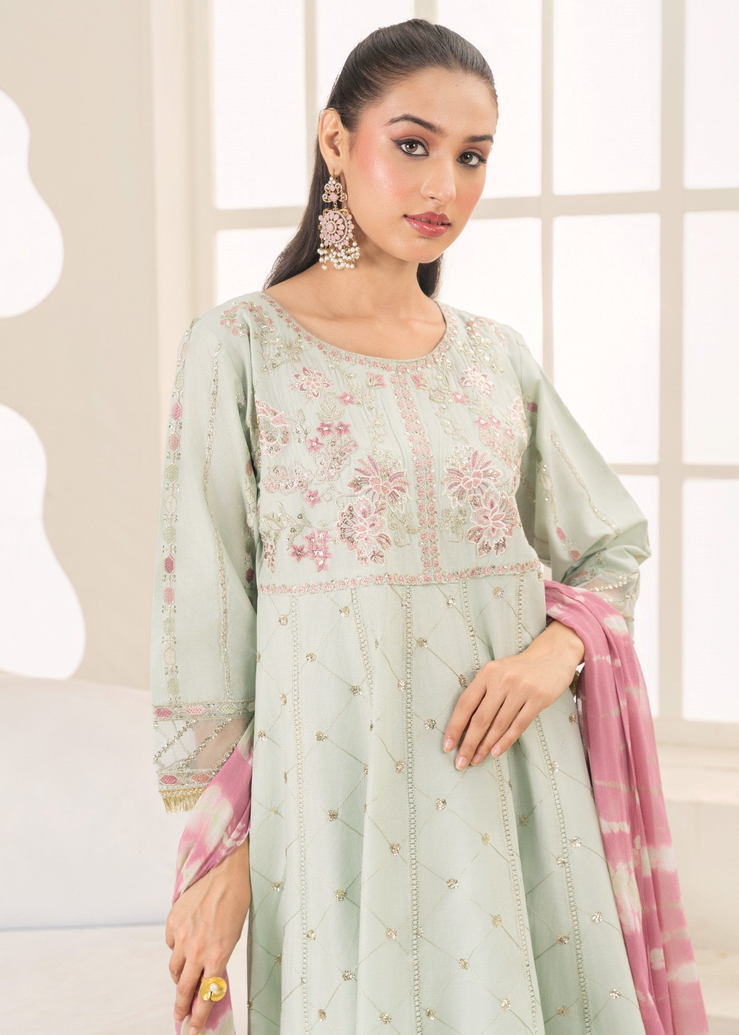 Khubsurat 3802 KH CT Tea Green Embroidery Long Frock Cotton Women 3pcs