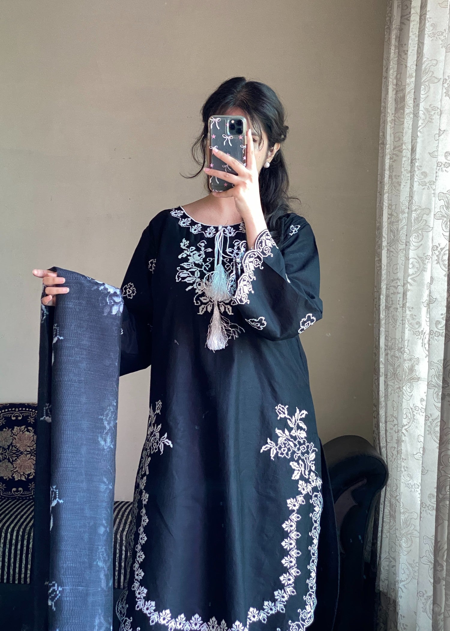 Attirepret Black Embroidered Cotton Suit Women 3pcs