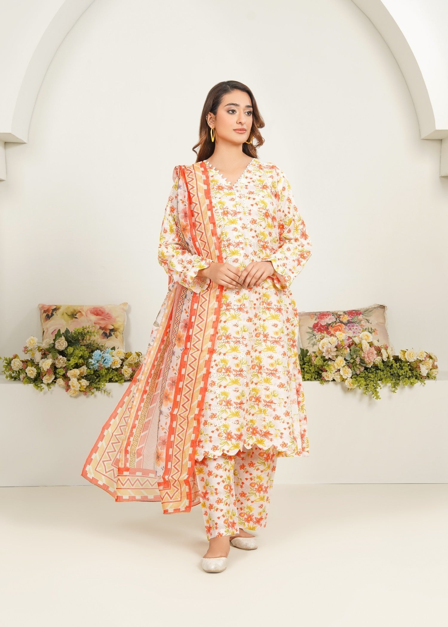 Dareechay Cream Peach Blossom Print Suit FOP30 Women 3pcs