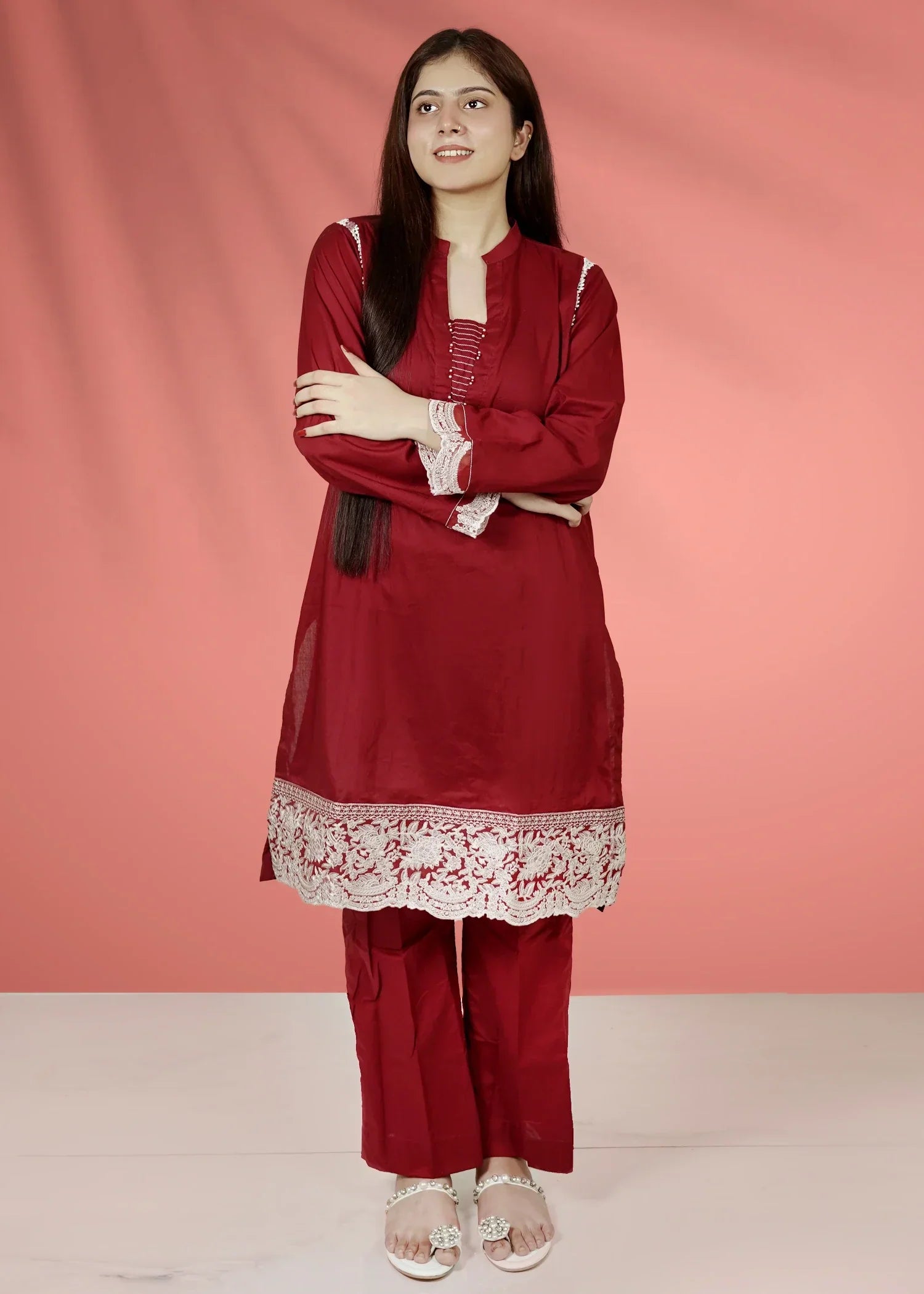 Urban Cut Cotton Embroidered Suit Red Women 2pcs