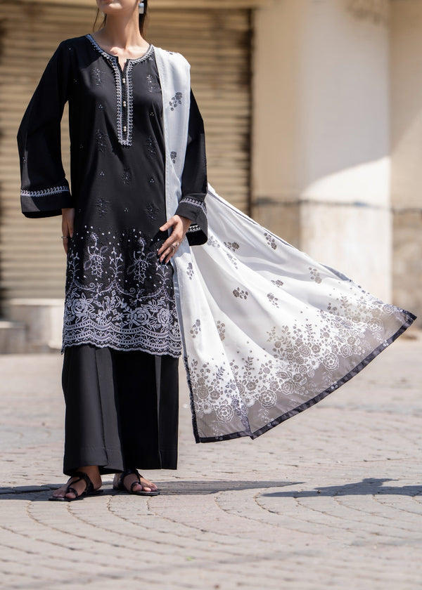 Casual Lite Cotton Emb Suit Black 3 Women 3pcs